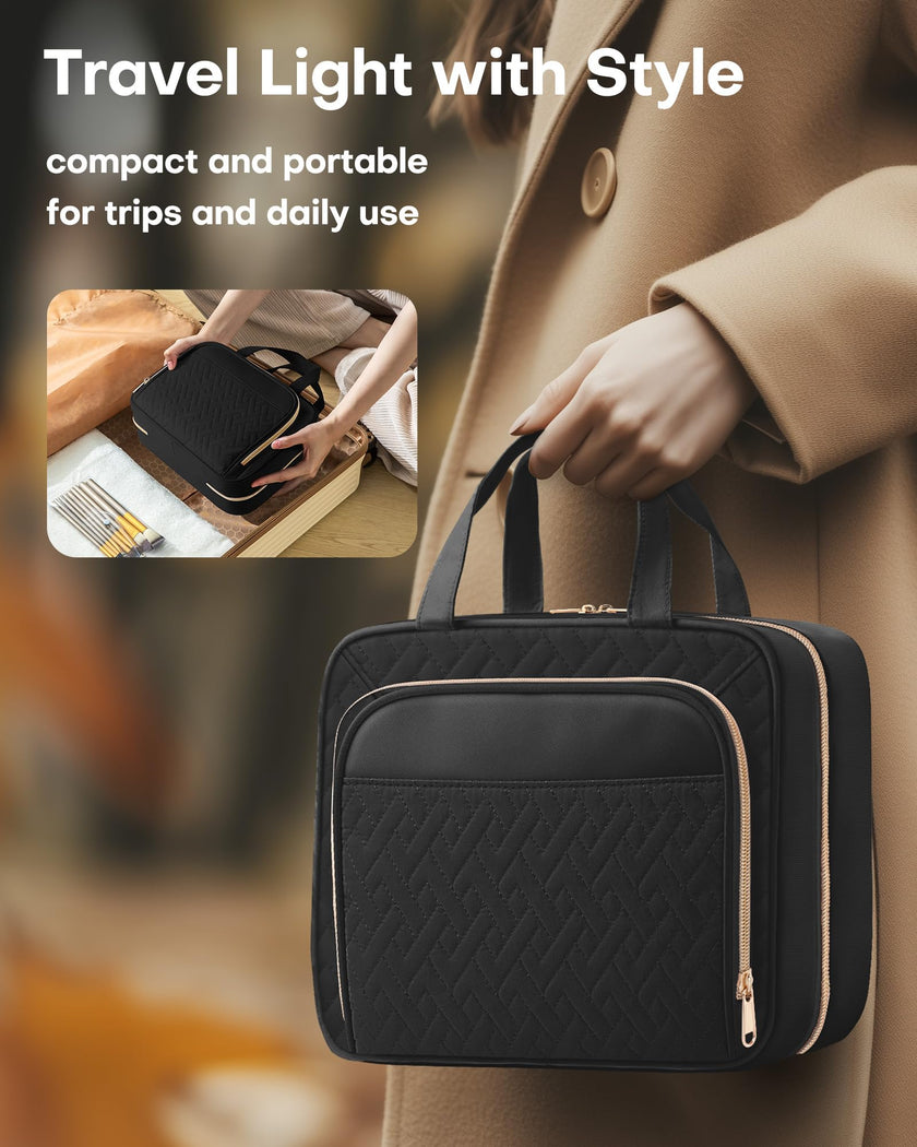HOTOR Travel Toiletry Bag for Women - Spacious Toiletry Bag for Men, Waterproof Makeup Bag with Hanging Hook and Multiple Pockets, Travel Accessories, Travel Essentials, Black, Medium 🍁 All In One Marketplace Canada