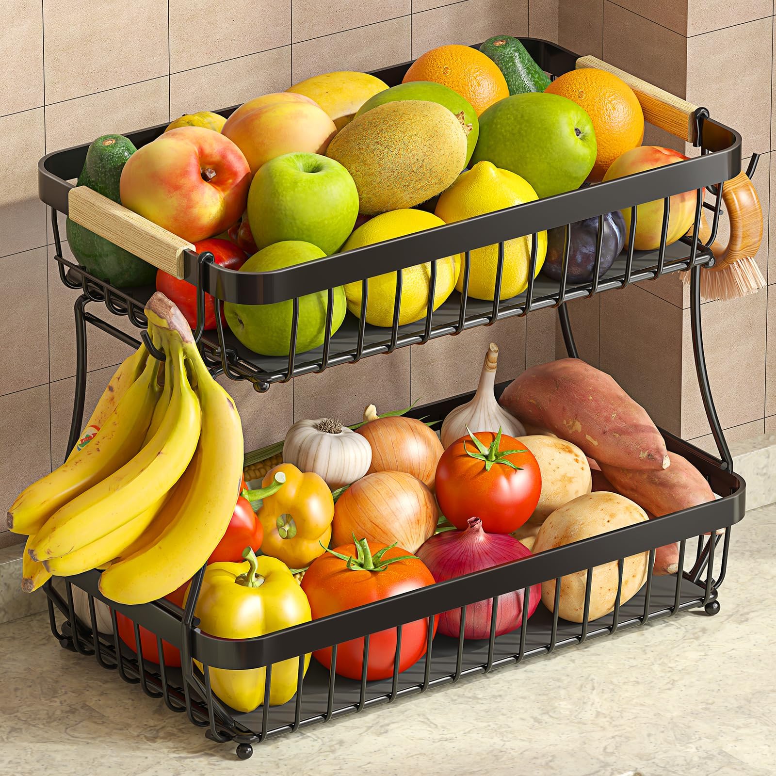 2 Tier Large Fruit Bowl for Kitchen Counter with 2 Banana Holders,2026 Sturdy Metal Fruit Basket with Protective Mats Keeping Fruits Fresh,Kitchen Organizers and Storage for Bread Potato Onion Storage 🍁 All In One Marketplace Canada