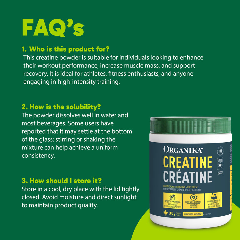 Organika Canadian-Made Creatine Powder- Pure Micronized Creatine Monohydrate - Helps Build Lean Muscle, Increase Strength, and Improved Recovery and Performance for Men and Women - 500g, 100 servings 🍁 All In One Marketplace Canada