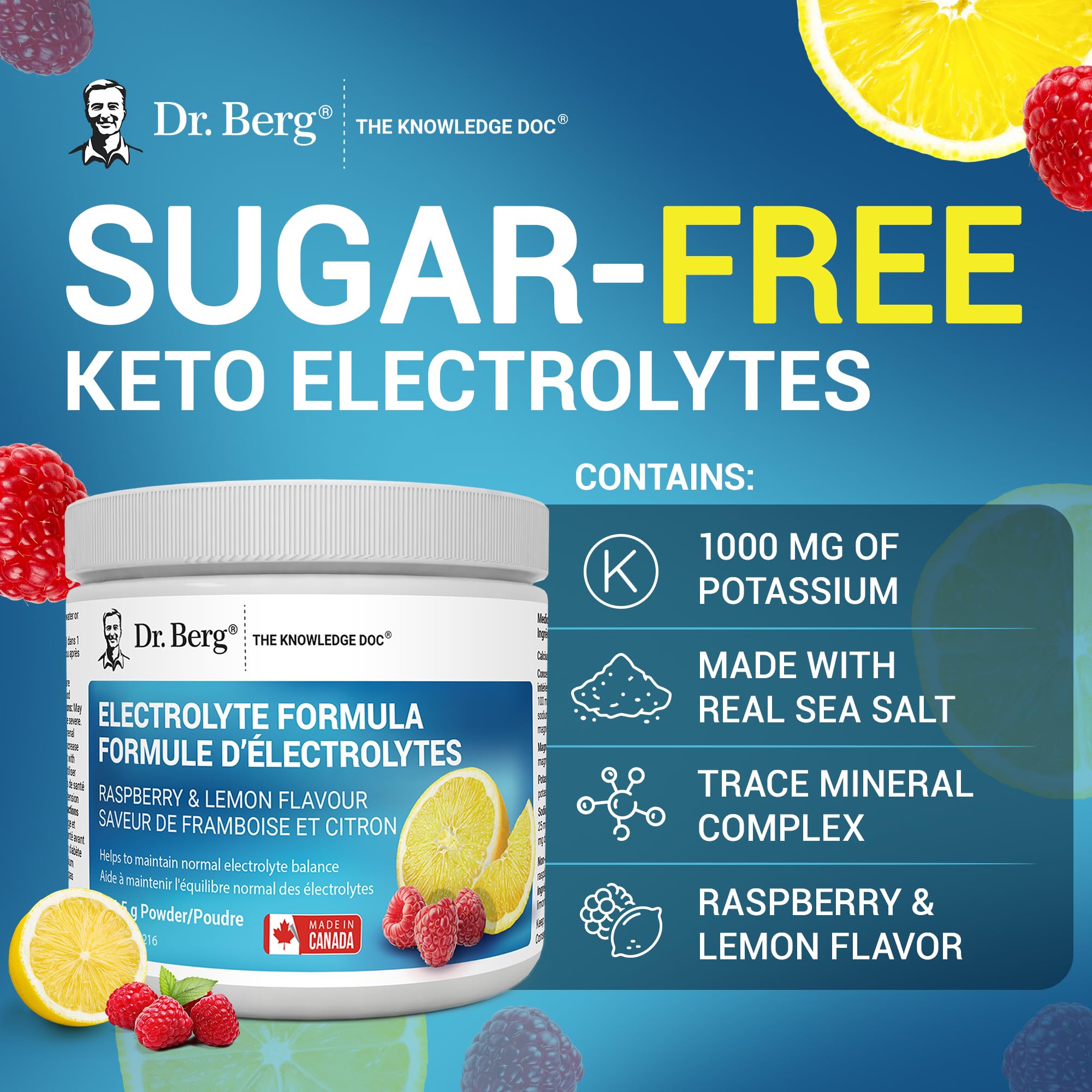 Dr. Berg Electrolytes Powder No Sugar - Enhanced w/ 1000 mg of Potassium & Real Sea Salt - Zero Sugar Electrolyte Powder - Raspberry & Lemon Flavor Hydration Powder Electrolytes - 50 Servings 🍁 All In One Marketplace Canada