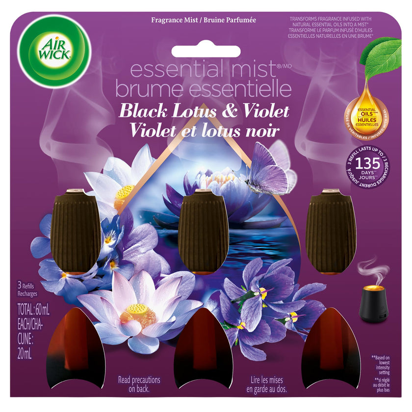 Air Wick Essential Mist Refill – Air Freshener Infused with Essential Oils, Easy Change Refill for Cordless Diffuser – 3 Count – Black Lotus & Violet Scent 🍁 All In One Marketplace Canada
