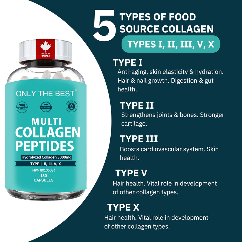Premium Multi Collagen Peptides Capsules 3000mg - Types I, II, III, V, X To Support Skin, Hair, Nails & Bones - Helps Maintain Strong Joints, Ligaments, Muscles, & Digestive Health* - Hydrolyzed Collagen Supplement 180 Capsules
