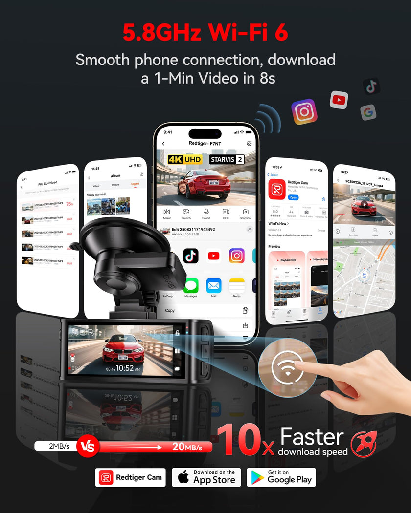REDTIGER 4K Dash Cam Front and Rear, STARVIS 2 Sensor, Touch Screen 3.18