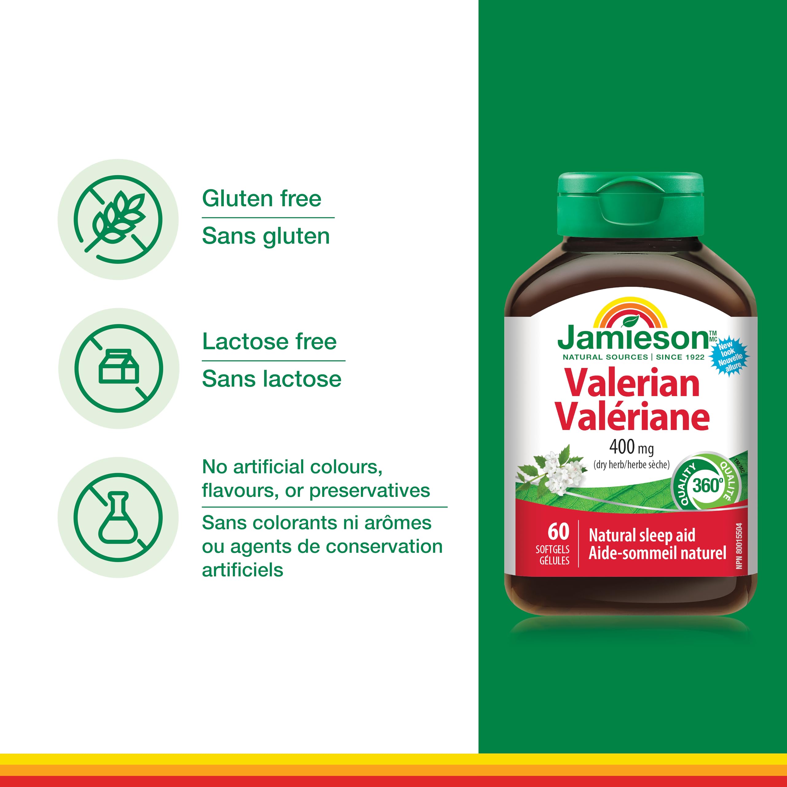 Jamieson Valerian 400 mg, Calming, Melatonin-Free, Natural Herbal-Based Sleep Aid, Reduces Nervousness and Restlessness. Gluten-Free, 60 Softgels, Proudly Canadian 🍁 All In One Marketplace Canada