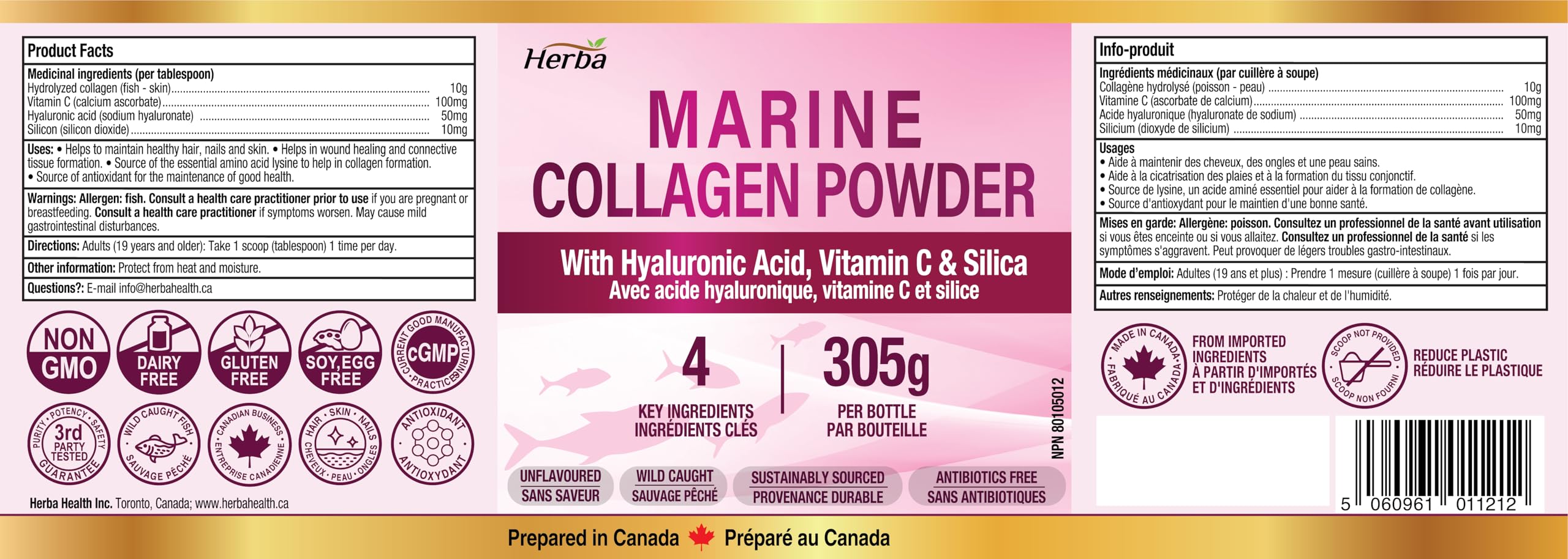 Herba Marine Collagen Powder for Women & Men with Hyaluronic Acid, Vitamin C, and Silica – 305g | Made in Canada | Wild Caught | Hydrolyzed Collagen Peptides | Antibiotics Free | Sustainably Sourced 🍁 All In One Marketplace Canada