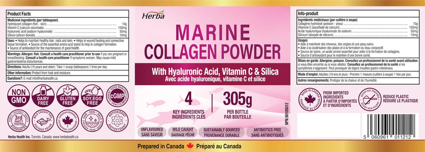 Herba Marine Collagen Powder for Women & Men with Hyaluronic Acid, Vitamin C, and Silica – 305g | Made in Canada | Wild Caught | Hydrolyzed Collagen Peptides | Antibiotics Free | Sustainably Sourced 🍁 All In One Marketplace Canada