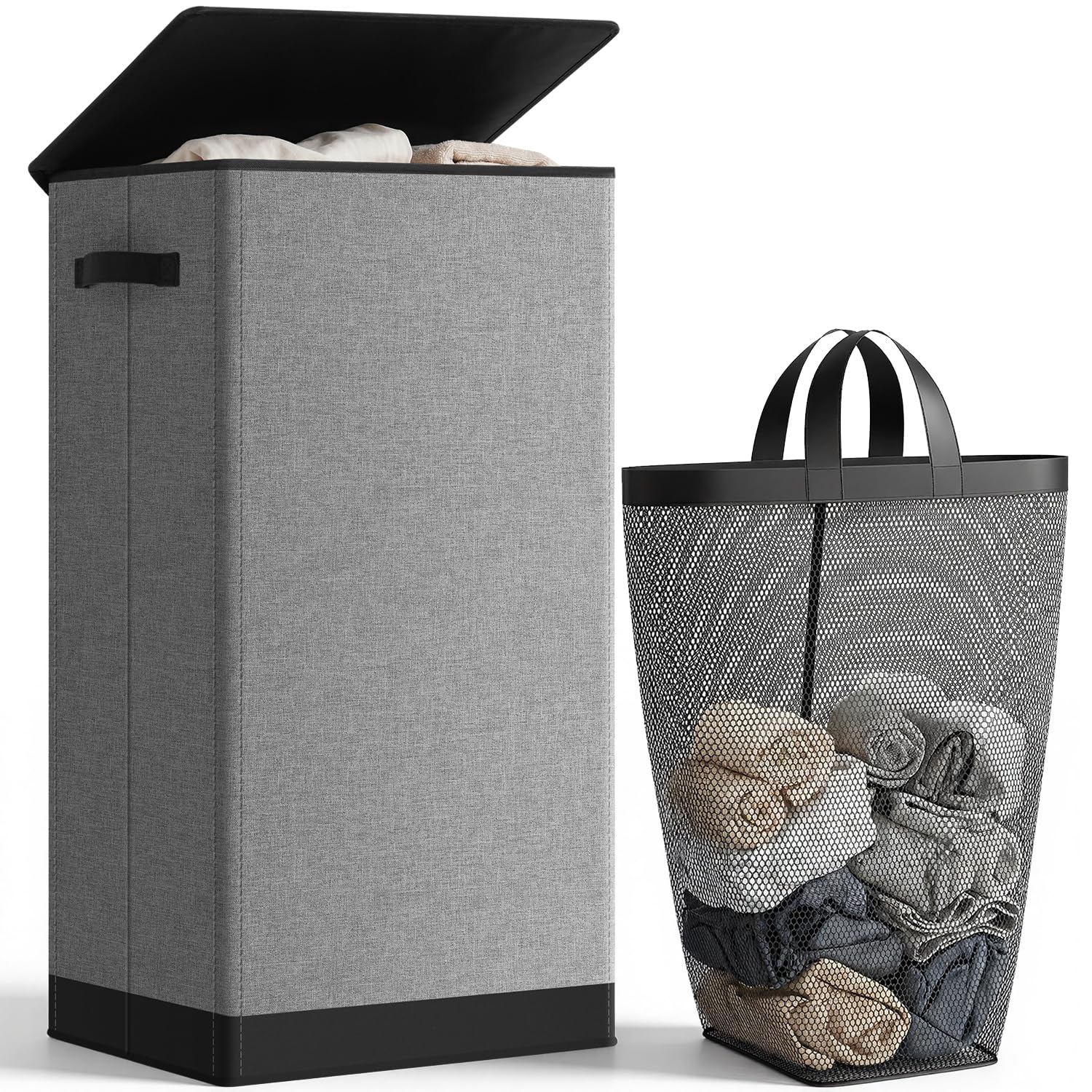 SOLEDI 100L Laundry Basket with Lid Large Laundry Hamper, Clothes Hamper with Laundry Bag Easy to Carry, Collapsible Storage Bins for Bedroom, Bathroom, Dorm, Apartment, College, Wardrobe, Grey 🍁 All In One Marketplace Canada