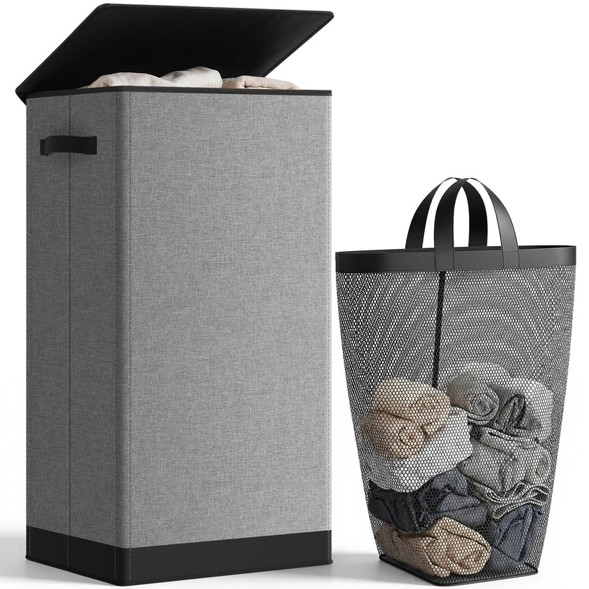 SOLEDI 100L Laundry Basket with Lid Large Laundry Hamper, Clothes Hamper with Laundry Bag Easy to Carry, Collapsible Storage Bins for Bedroom, Bathroom, Dorm, Apartment, College, Wardrobe, Grey 🍁 All In One Marketplace Canada