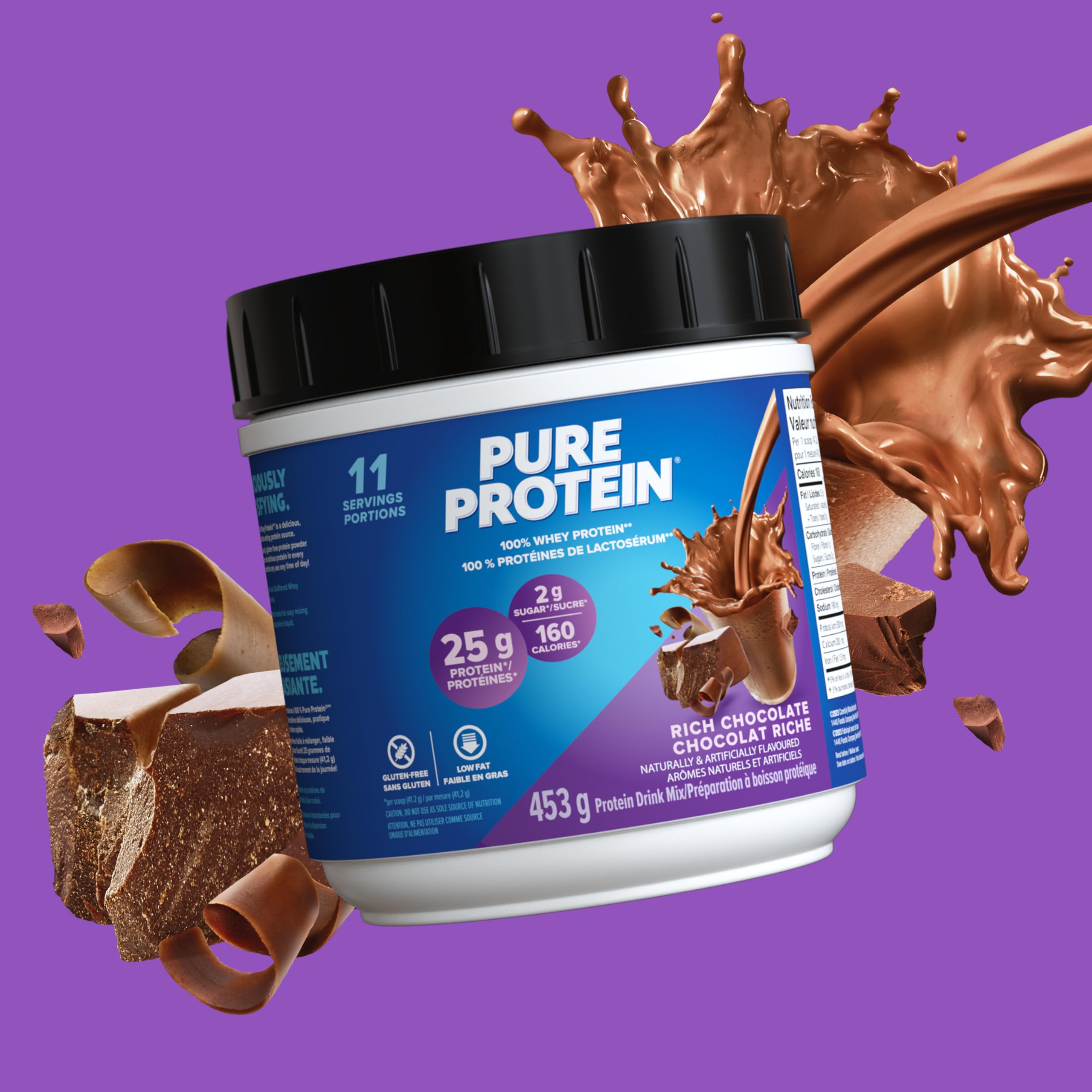 Pure Protein Whey Powder - High Protein (25 g/scoop), Low Sugar (2 g/scoop), Gluten Free - Fast-Acting Formula, Chocolate, 453g 🍁 All In One Marketplace Canada