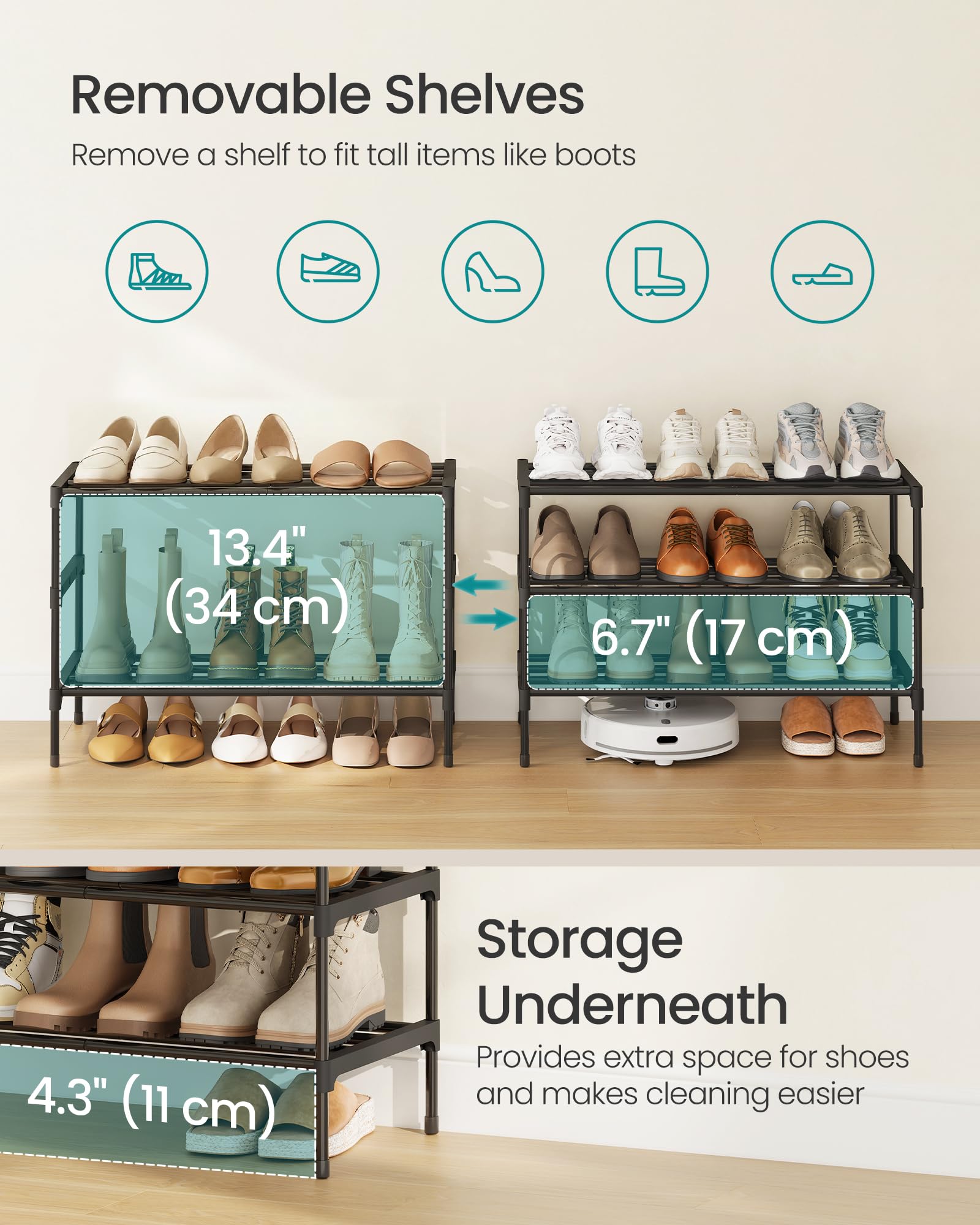 SONGMICS 3-Tier Shoe Rack for Closet, Compact Metal Shoe Organizer Shelf for Entryway, Bedroom, Small Spaces, Stackable, 11.8 x 24.5 x 19.1 Inches, Black ULSA123BH01 🍁 All In One Marketplace Canada