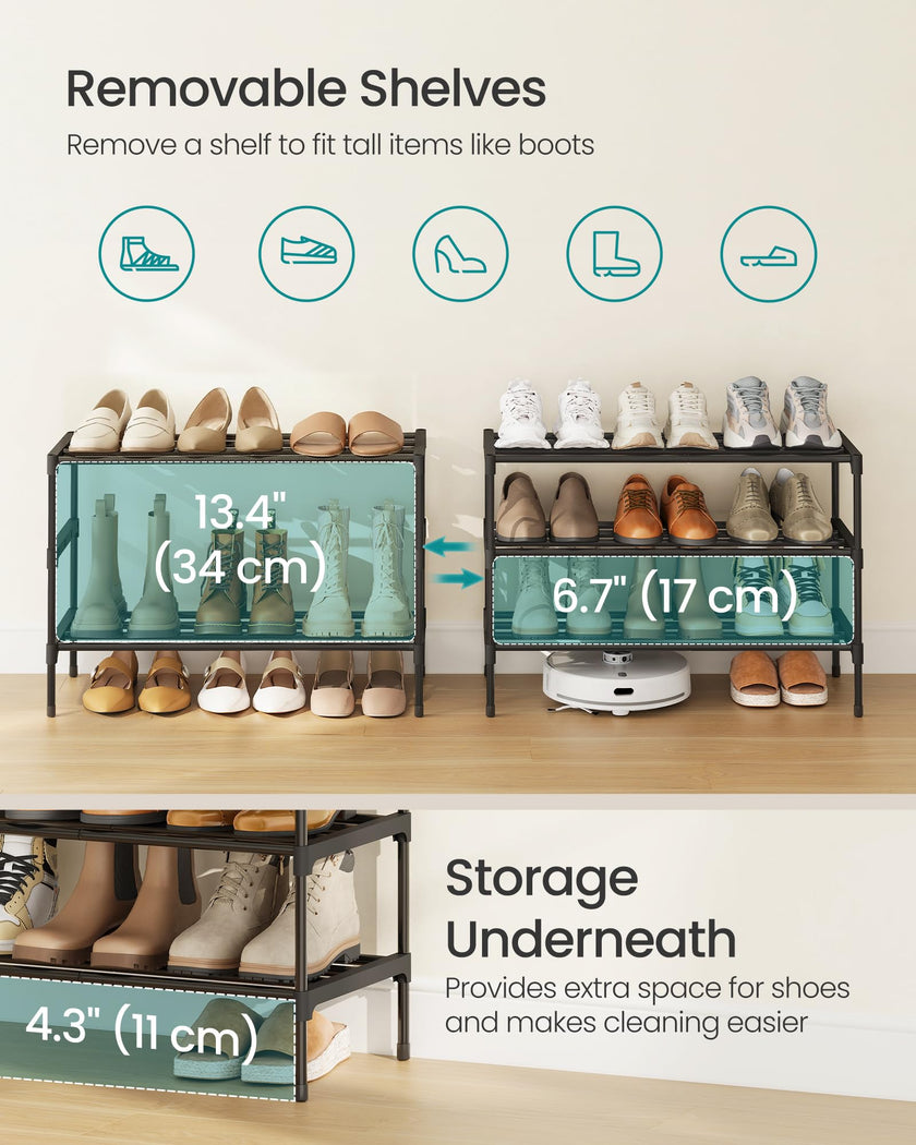 SONGMICS 3-Tier Shoe Rack for Closet, Compact Metal Shoe Organizer Shelf for Entryway, Bedroom, Small Spaces, Stackable, 11.8 x 24.5 x 19.1 Inches, Black ULSA123BH01 🍁 All In One Marketplace Canada