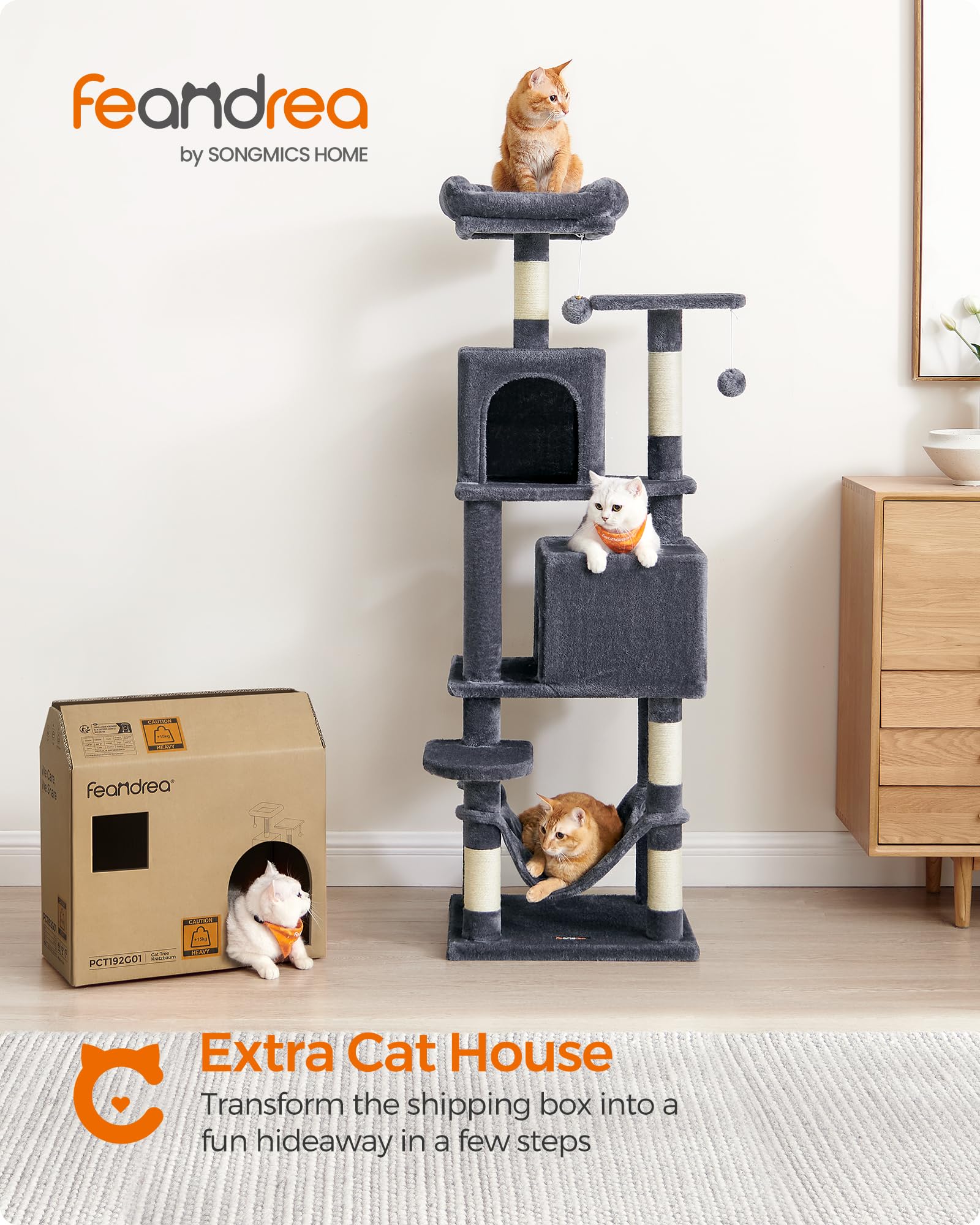 Feandrea Cat Tree Tower, 155 cm Multi-Level Cat Condo with 5 Scratching Posts, 2 Perches, 2 Caves, Hammock, 2 Pompoms, Smoky Gray UPCT192G01 🍁 All In One Marketplace Canada