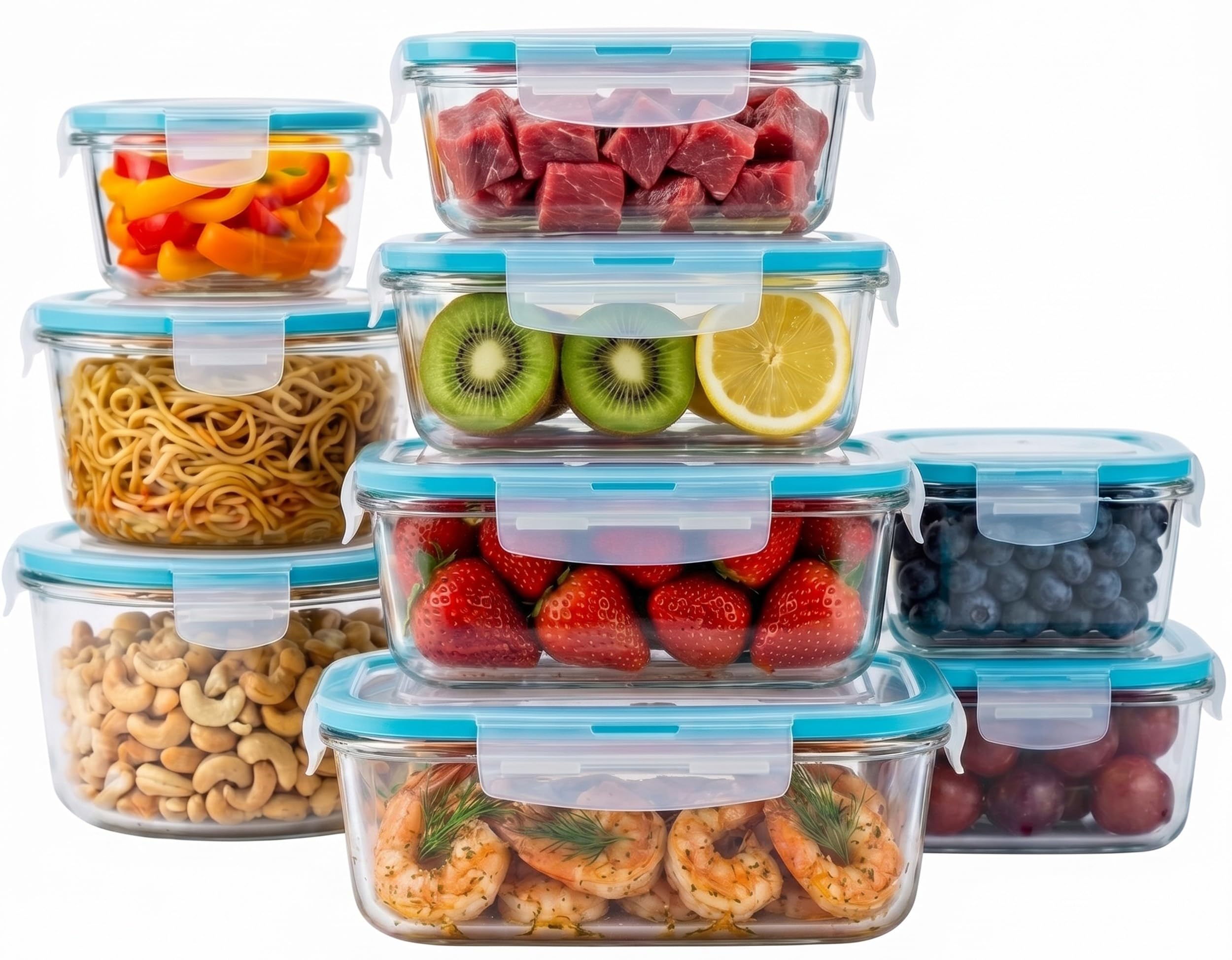 KICHLY 9 Pack Glass Container Food Storage with Airtight Lids, Leakproof Lunch Boxes, BPA-Free, Large, Small and Round Meal Prep Glass Storage Containers, Microwave Safe 🍁 All In One Marketplace Canada