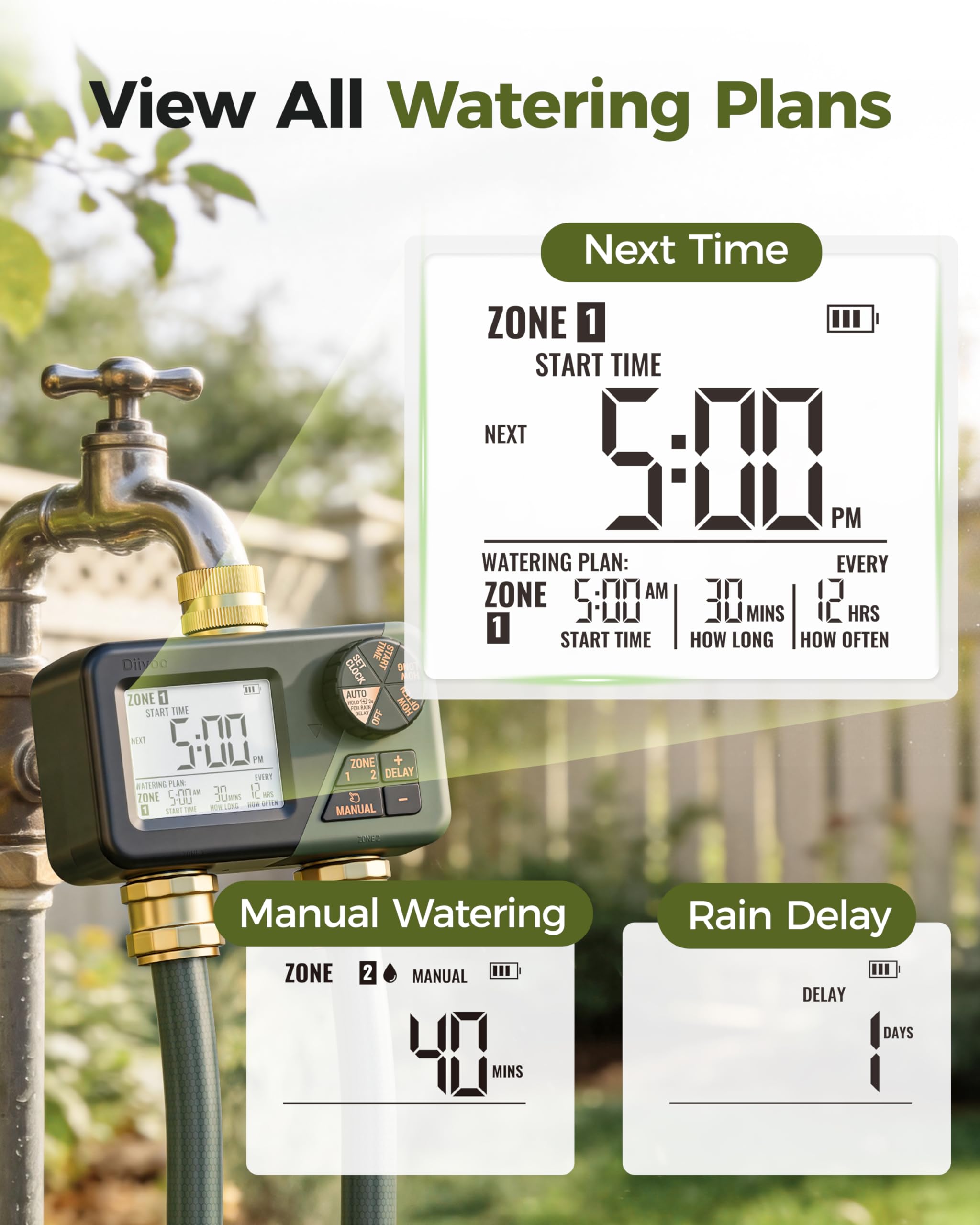 Diivoo 2 Zone Water Timer for Garden Hose, Programmable Sprinkler Hose Timer with Brass Inlet & Outlet, IP66 Waterproof, Rain Delay & Manual Mode for Irrigation, Lawn, Yard 🍁 All In One Marketplace Canada