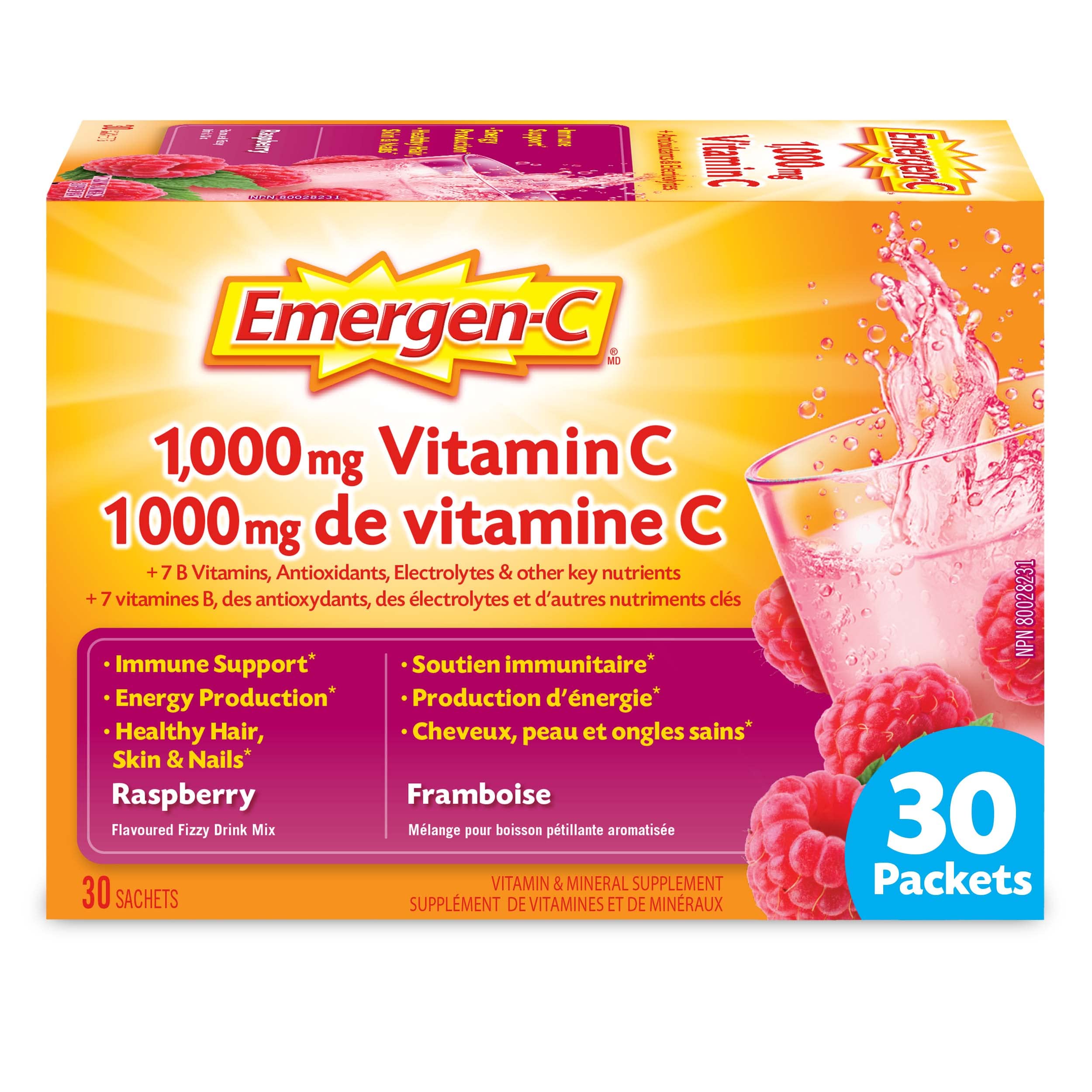 Emergen-C® Raspberry (30 Count), 1000mg Vitamin C / Electrolytes / B Vitamins Mineral Supplement 🍁 All In One Marketplace Canada