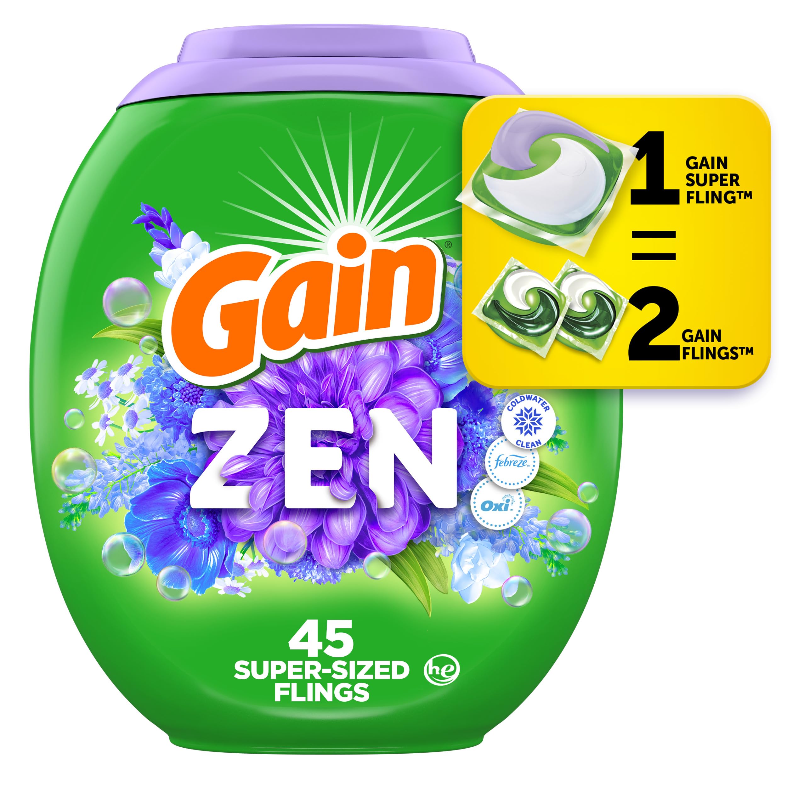 Gain Super Flings Laundry Detergent Pacs, 45 Count, Zen, irresistibly clean and fresh 🍁 All In One Marketplace Canada