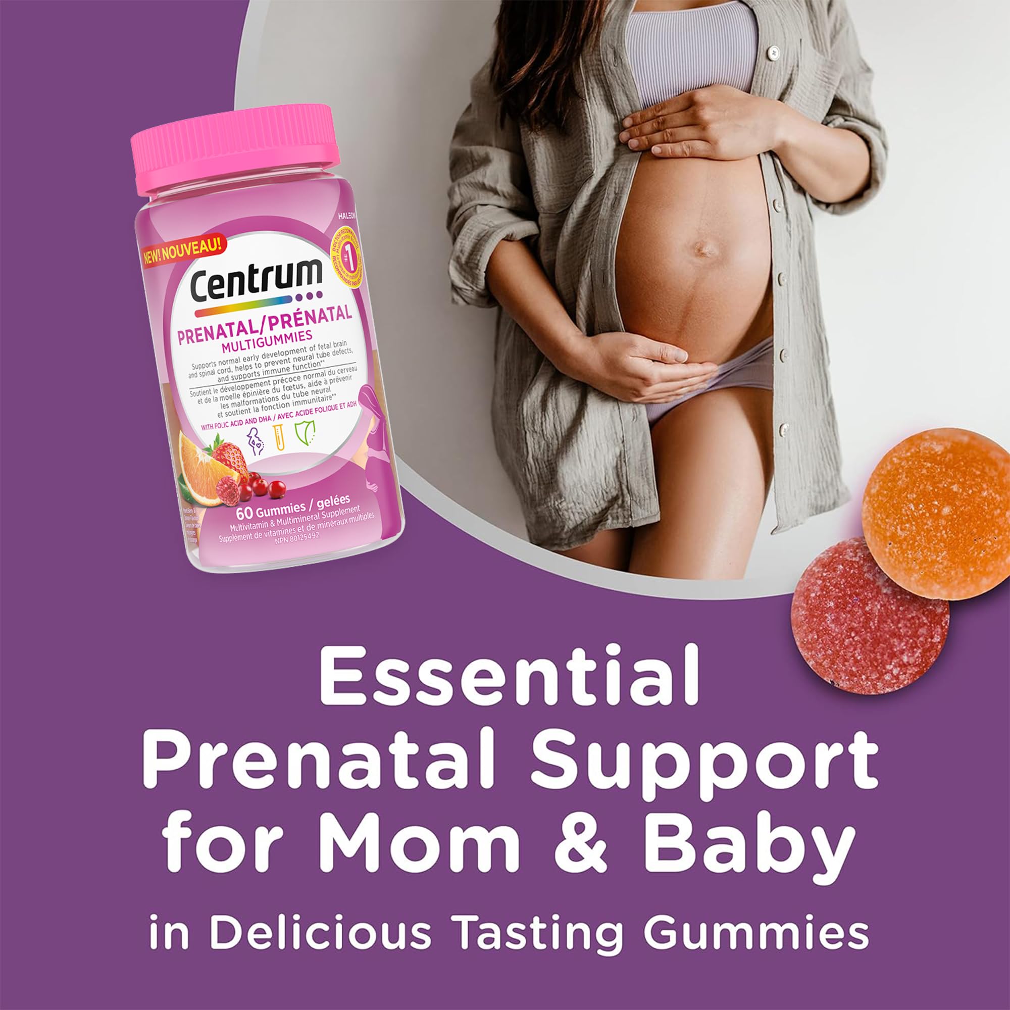 Centrum Prenatal Multigummies with DHA and Folic Acid, Postpartum Multivitamin and Mineral Supplement, 60 count, 30 day supply. 🍁 All In One Marketplace Canada