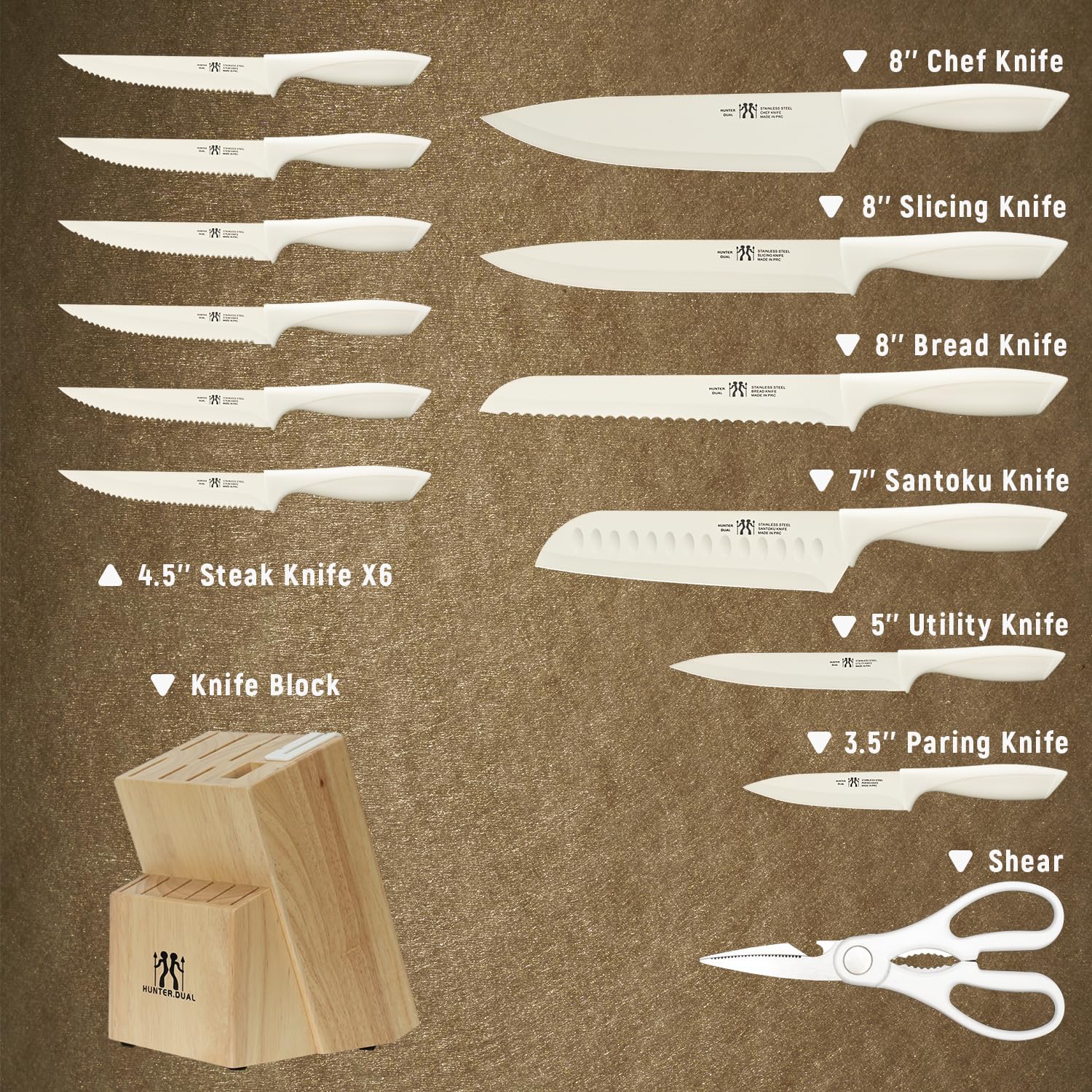 HUNTER.DUAL Knife Set, Dishwasher Safe Kitchen Knife Set with Block, 15 Pcs Cream Kitchen Knife Sets with Block Self Sharpening, 6 Steak Knives (Cream) 🍁 All In One Marketplace Canada