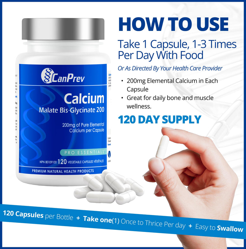 CanPrev Calcium Malate Bis-Glycinate Supplement, 120 Capsules 120-Day Supply - Therapeutic 200mg Elemental - Ideal for Healthy Bones, Teeth, Muscle Cramps and Promote Relaxation - Vegan and Non-GMO 🍁 All In One Marketplace Canada