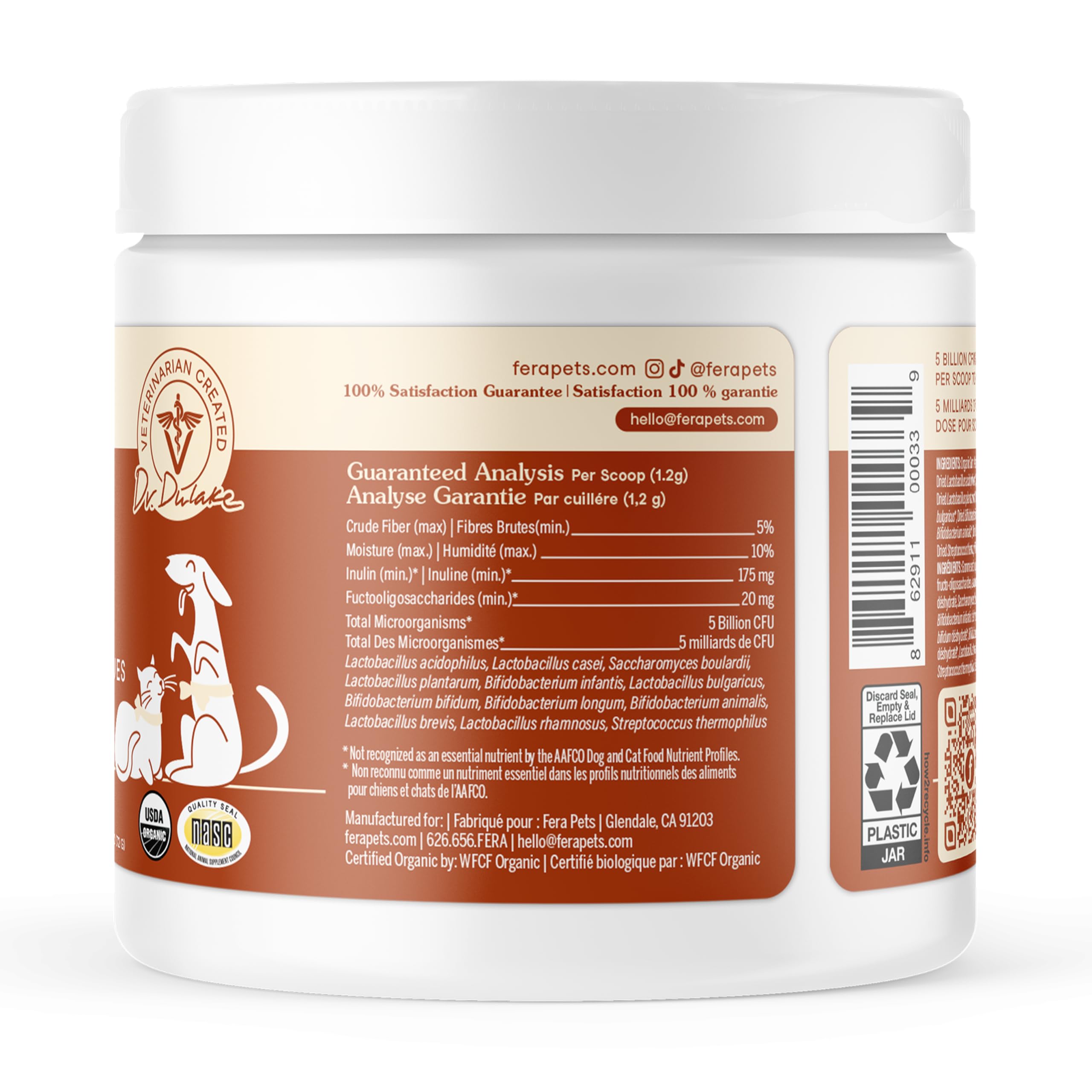 Fera Pets Probiotics for Dogs & Cats with Prebiotics - USDA Organic - Gut Health Powder Supplement with 12 Strains and 5 Billion CFUs - Supports Immunity, Energy and Skin & Coat - 60 Scoops 🍁 All In One Marketplace Canada