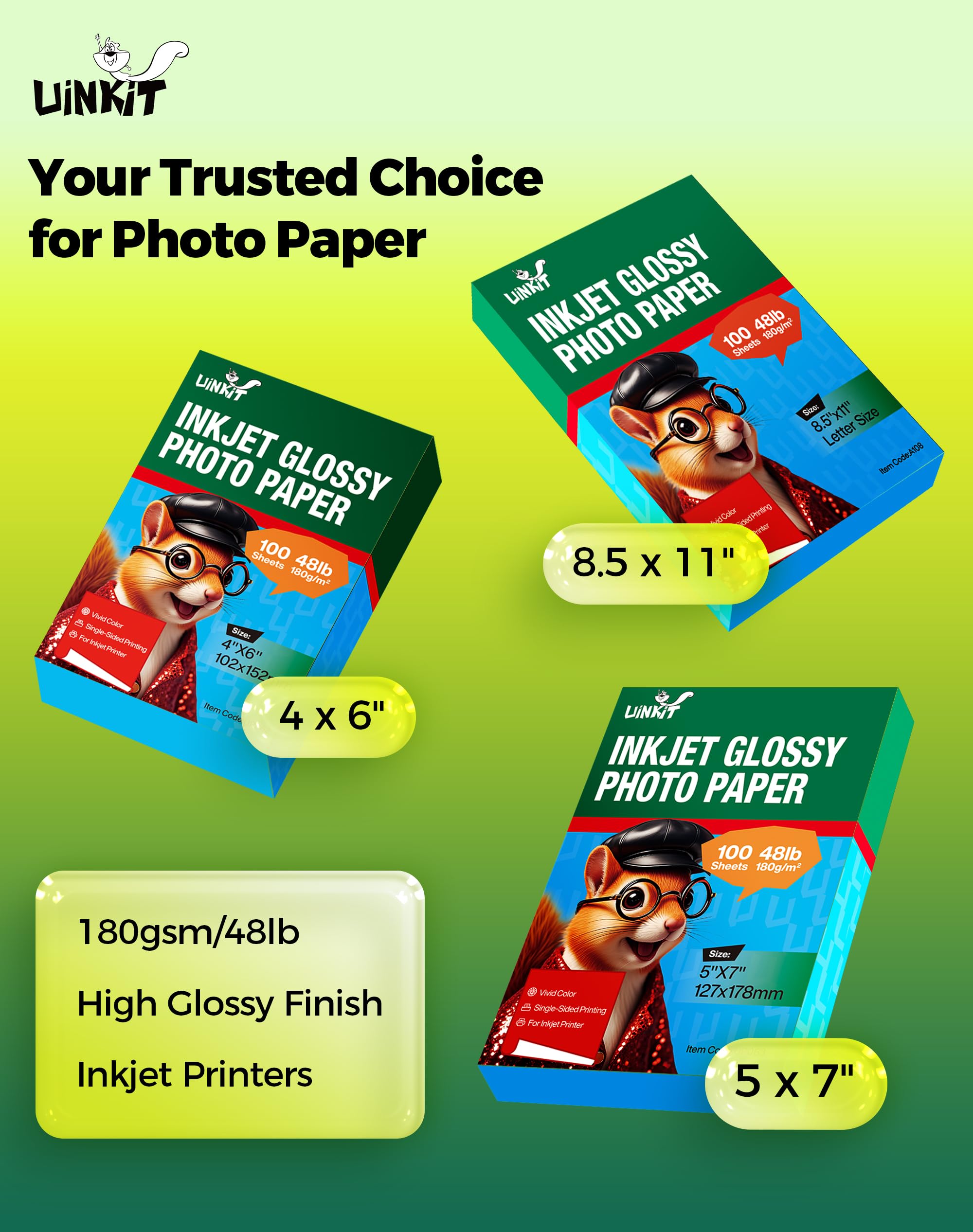 Uinkit Glossy Inkjet Photo Paper 8.5x11 Inches 100 Sheets 48lb Dye Ink 180Gsm Professional Photographic Paper Letter Size 8.5mil Instant Dry Suitable for All Dye Ink Printers (100, 8.5x11Inches) 🍁 All In One Marketplace Canada