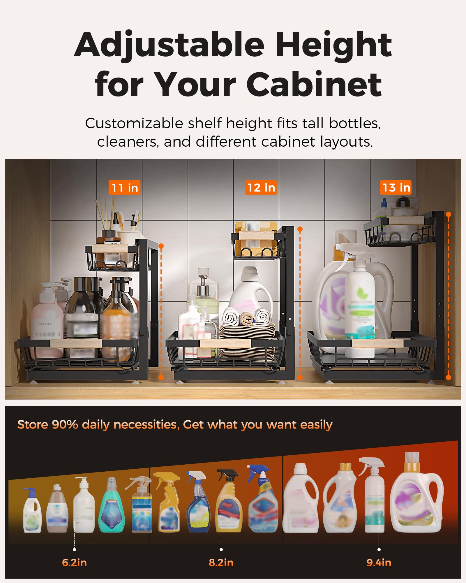 Sevenblue 2 Pack Under Sink Organizer, Height Adjustable 2 Tier Under Sink Organizer Kitchen, Multi-Purpose Storage Shelf for Kitchen Bathroom Cabinet (Black, Large) 🍁 All In One Marketplace Canada