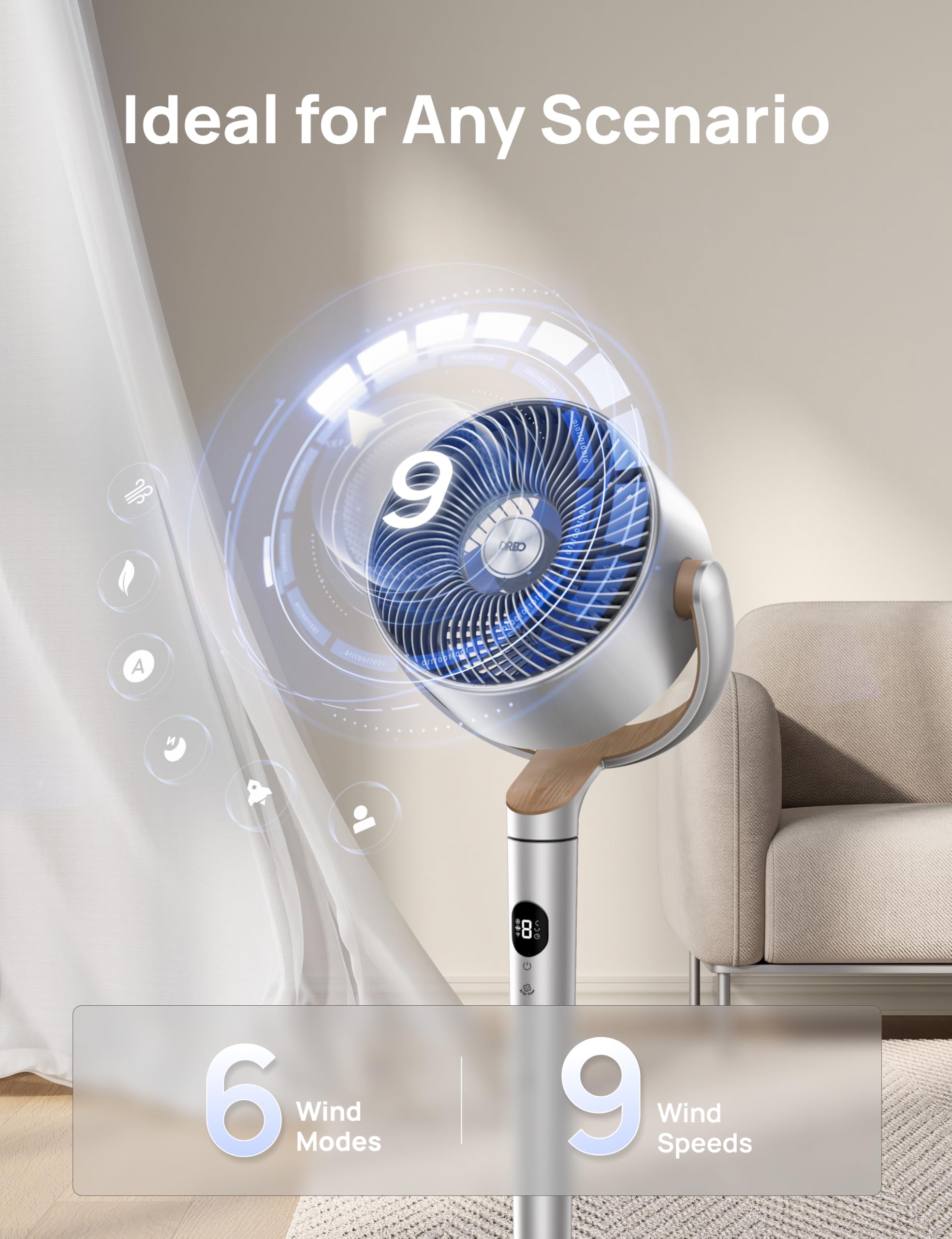 DREO Smart Fans for Bedroom, 120° +120° Omni-Directional Oscillating Fan, 90ft Quiet Pedestal Fan with RGB Light, 9 Speeds, 6 Modes, 20dB, 8H Timer, Wi-Fi/Voice, 37-42