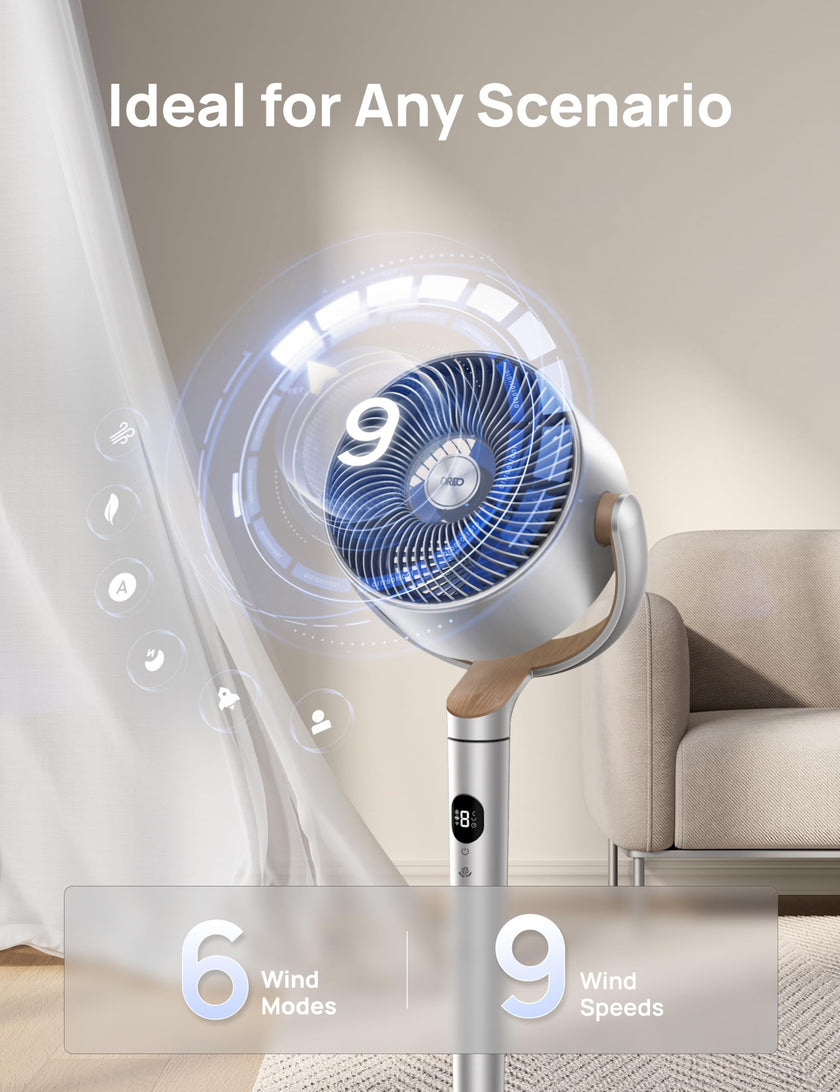 DREO Smart Fans for Bedroom, 120° +120° Omni-Directional Oscillating Fan, 90ft Quiet Pedestal Fan with RGB Light, 9 Speeds, 6 Modes, 20dB, 8H Timer, Wi-Fi/Voice, 37-42