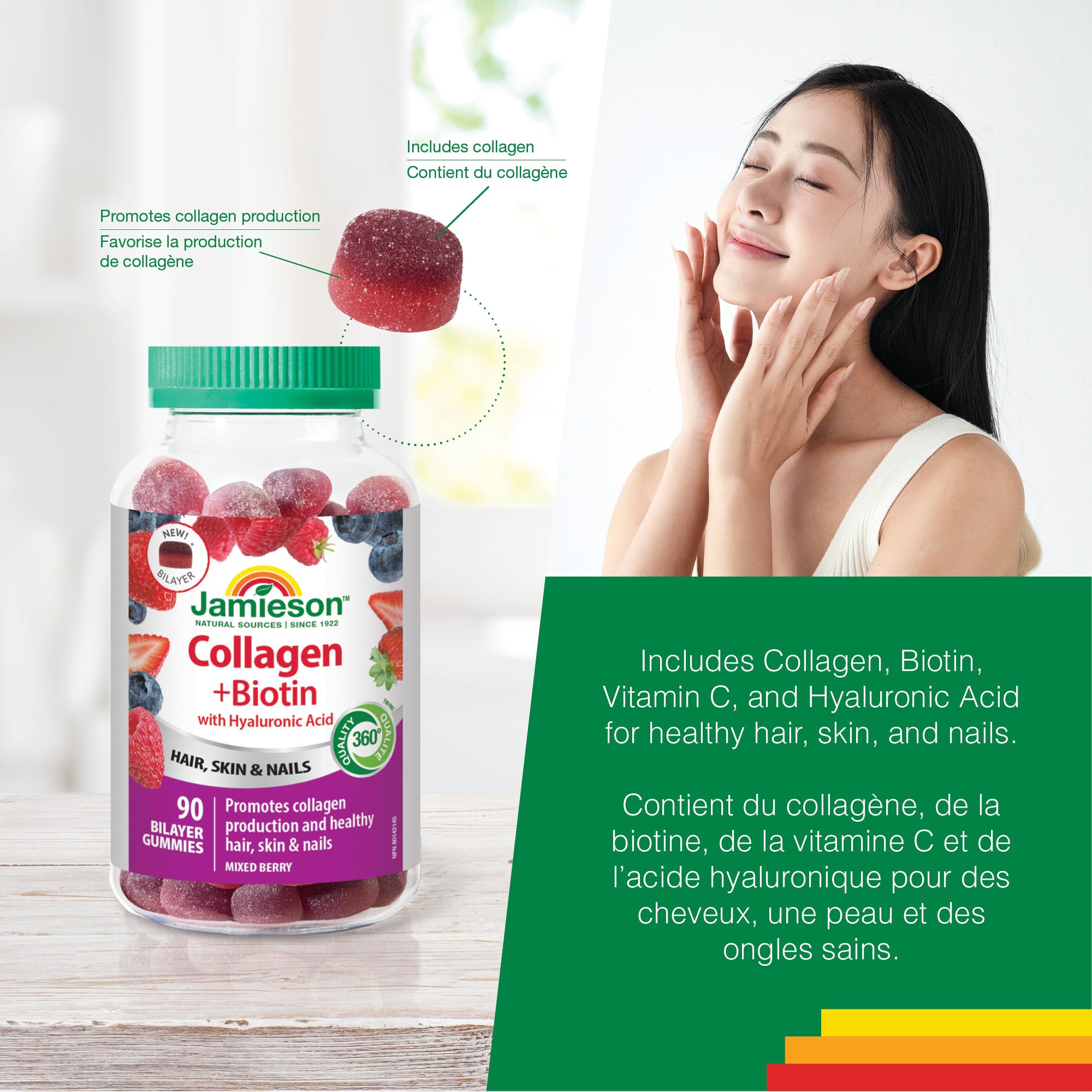 Jamieson Collagen and Biotin Bilayer Gummy with Hyaluronic Acid and Vitamin C, Mixed Berry Flavour, Healthy Hair, Skin & Nails, Supports Collagen Production, Source of Antioxidants, Beauty Gummy, NON-GMO, No Gluten, No Lactose, No Artificial Colours, Flav