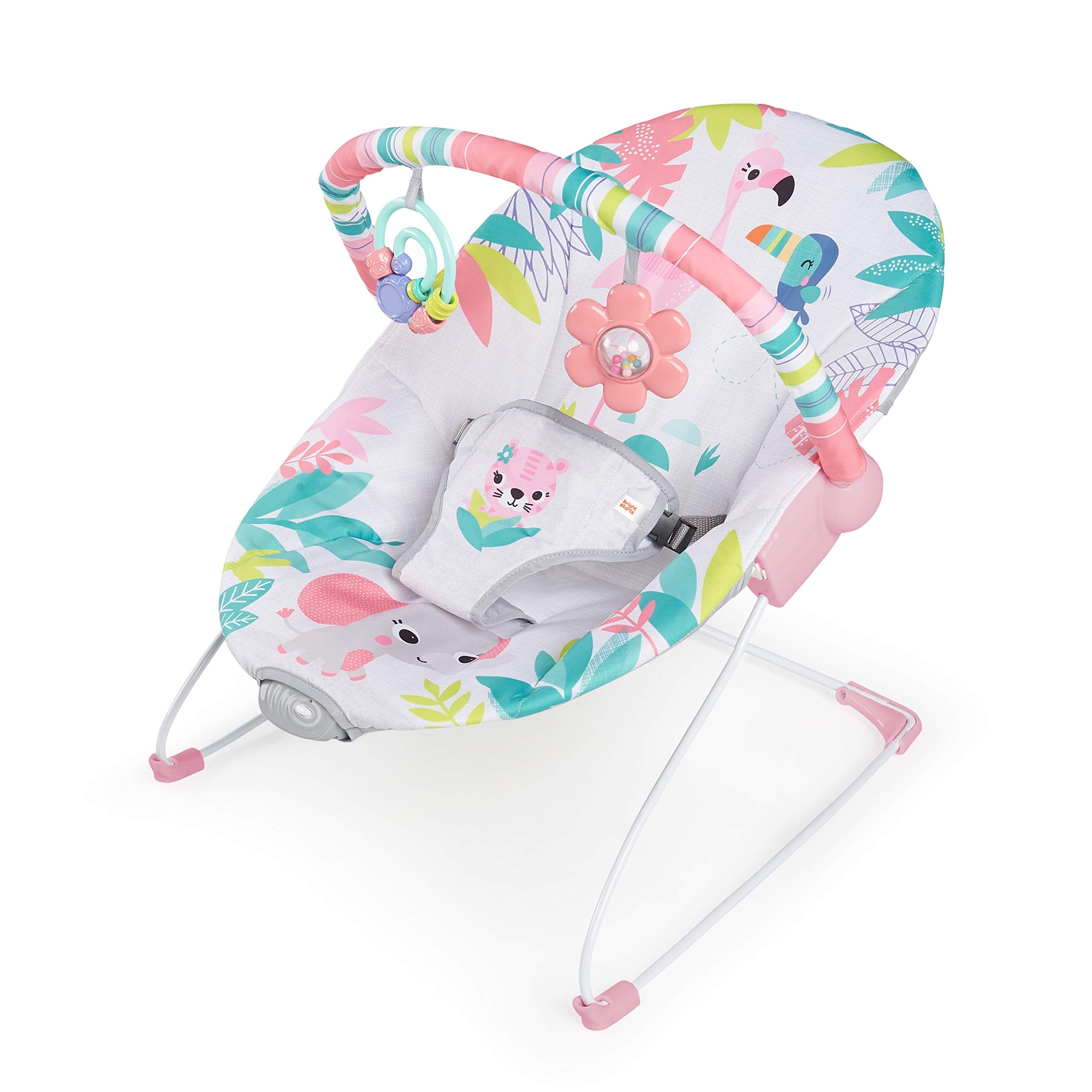 Bright Starts Flamingo Vibes 3-Point Harness Harness Vibrating Baby Bouncer with -Toy bar 🍁 All In One Marketplace Canada