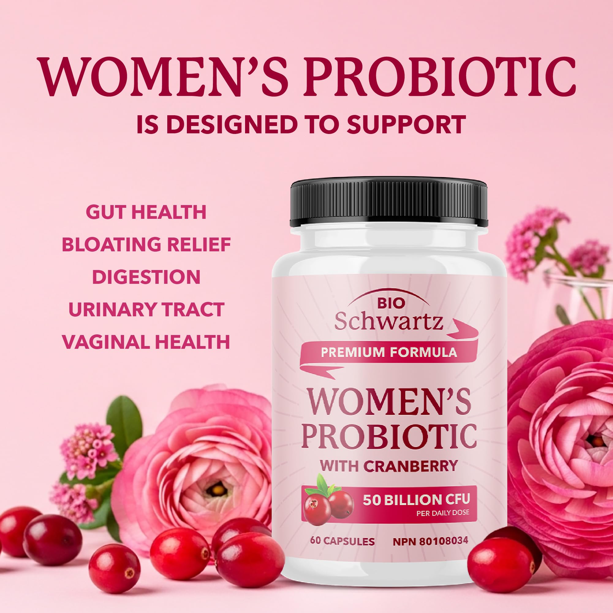 Womens Probiotic with Cranberry | 50 Billion CFU for Gut Health, Bloating Relief & Digestive Support | With Cranberry for Vaginal Health | Gut Health Supplements for Women | Made in Canada | 60 Ct. 🍁 All In One Marketplace Canada
