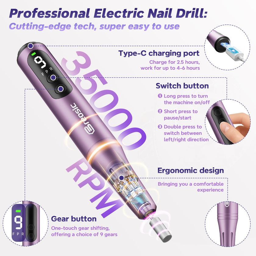 Breosic Electric Nail Drill 35000RPM,12-in-1 Nail File Portable USB-Rechargeable Cordless Nail Drill Professional with 9-Speed & LED Display Manicure Pedicure Nail Kits for Acrylic & Gel Nails(Purple) 🍁 All In One Marketplace Canada