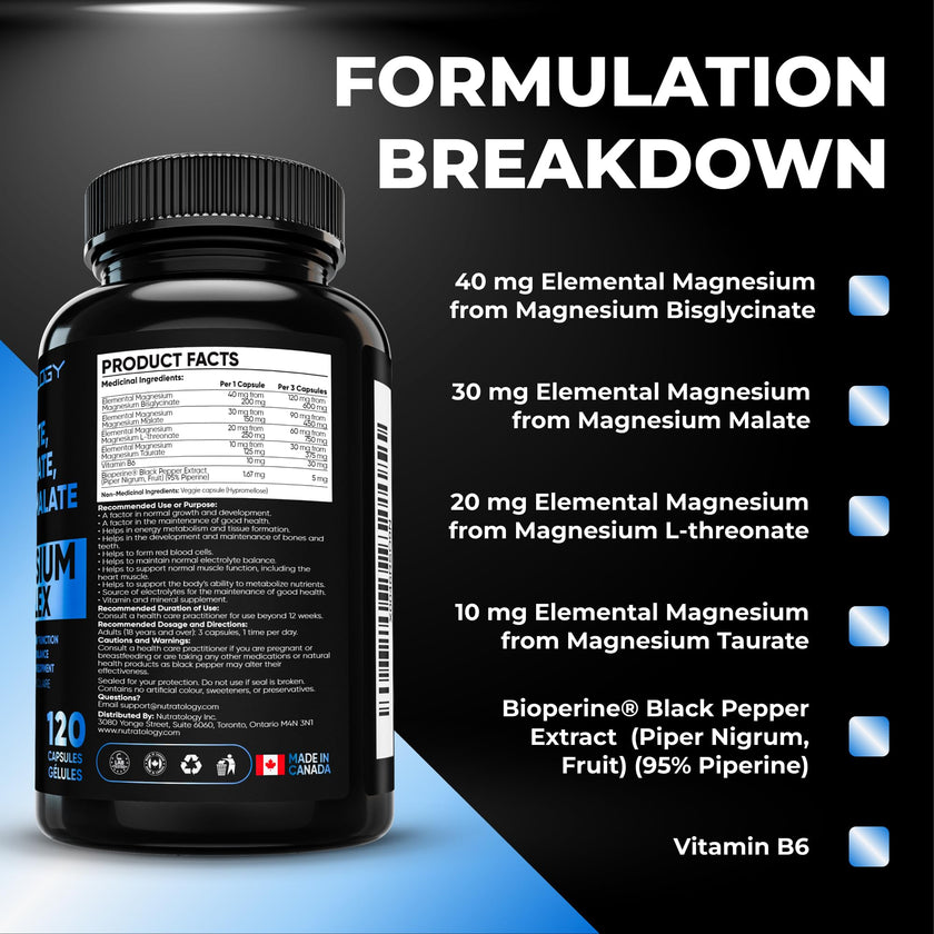 Nutratology Magnesium Complex - Glycinate, Malate, L-Threonate & Taurate With Vitamin B6 + Bioperine For Enhanced Absorption - Helps Support Healthy Bones, Muscles, Teeth & Heart - 100MG Elemental Magnesium Per Capsule - 120 Count