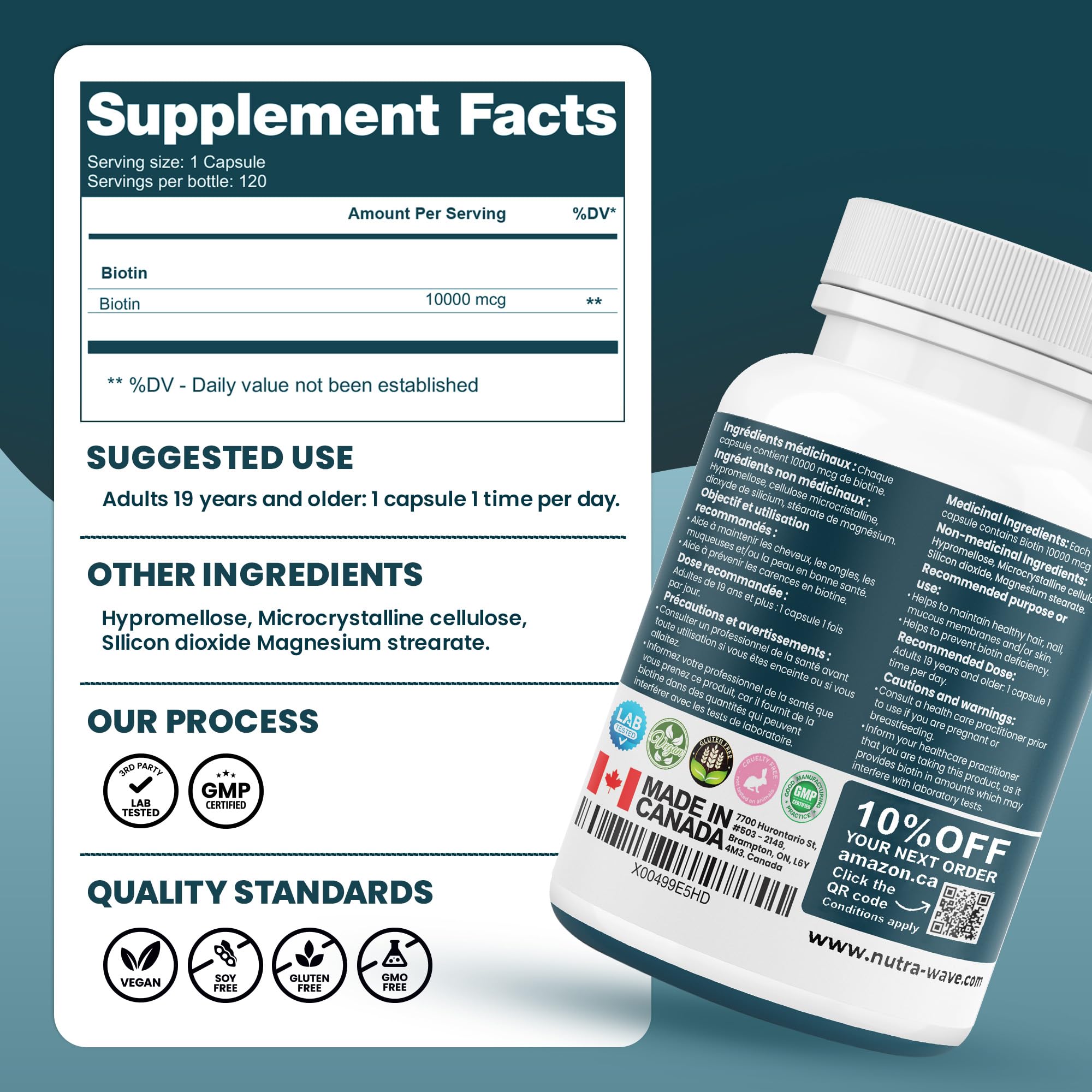 Nutrawave Extra Strength Biotin 10000mcg – Biotin for Hair Growth, Lush Hair, Glowing Skin & Strong Nails, Ideal for Women & Men, Non-GMO, Vegan, Gluten-Free. 120 Capsules 🍁 All In One Marketplace Canada