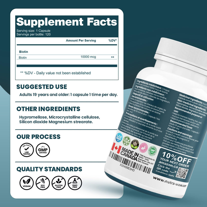 Nutrawave Extra Strength Biotin 10000mcg – Biotin for Hair Growth, Lush Hair, Glowing Skin & Strong Nails, Ideal for Women & Men, Non-GMO, Vegan, Gluten-Free. 120 Capsules 🍁 All In One Marketplace Canada