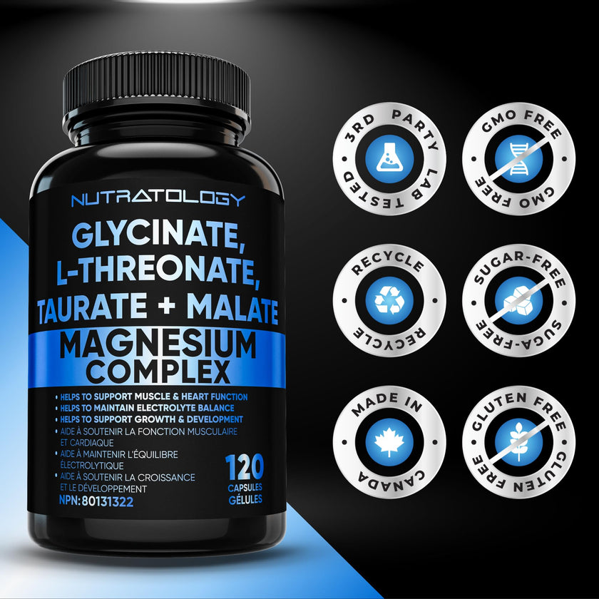 Nutratology Magnesium Complex - Glycinate, Malate, L-Threonate & Taurate With Vitamin B6 + Bioperine For Enhanced Absorption - Helps Support Healthy Bones, Muscles, Teeth & Heart - 100MG Elemental Magnesium Per Capsule - 120 Count