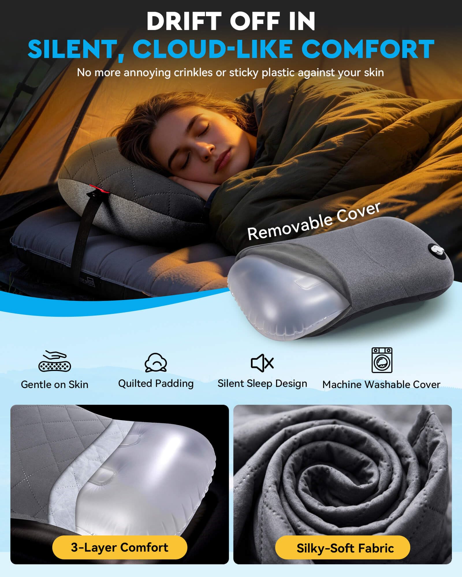 Hikenture Camping Pillow with Removable Cover-Ultralight Inflatable Pillow for Neck Lumber Support-Upgrade Backpacking Pillow-Washable Travel Air Pillows for Camping, Hiking, Backpacking (Grey) 🍁 All In One Marketplace Canada