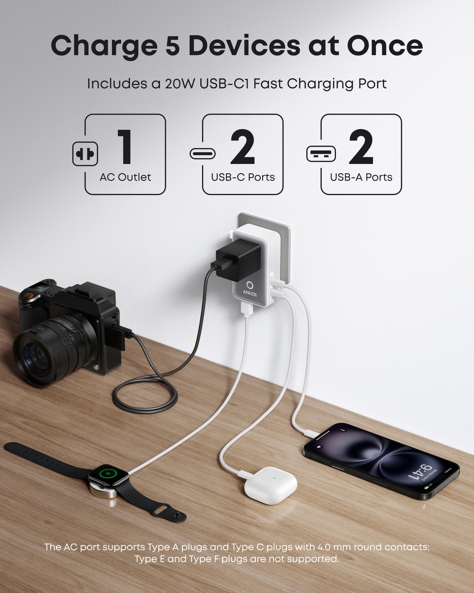 Anker Nano European Travel Plug Adapter, 5-Port Fordable Travel Adapter with 1AC 2USB-A 2USB-C Ports,Temperature Control, Essentials for Over 200 Countries, Ideal for Travel (1-Pack) (White) 🍁 All In One Marketplace Canada