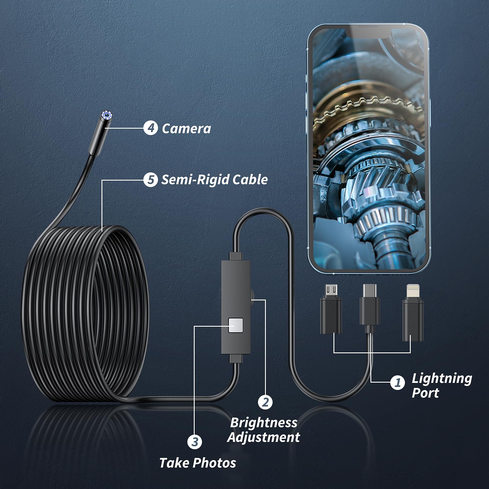 Kinpthy Endoscope Camera with Light,1920P HD Borescope Tools with 8 Adjustable LED Lights, Endoscope with Semi-Rigid Snake Camera, Inspection Borescope for iOS and Android-16.4ft Single Lens 🍁 All In One Marketplace Canada