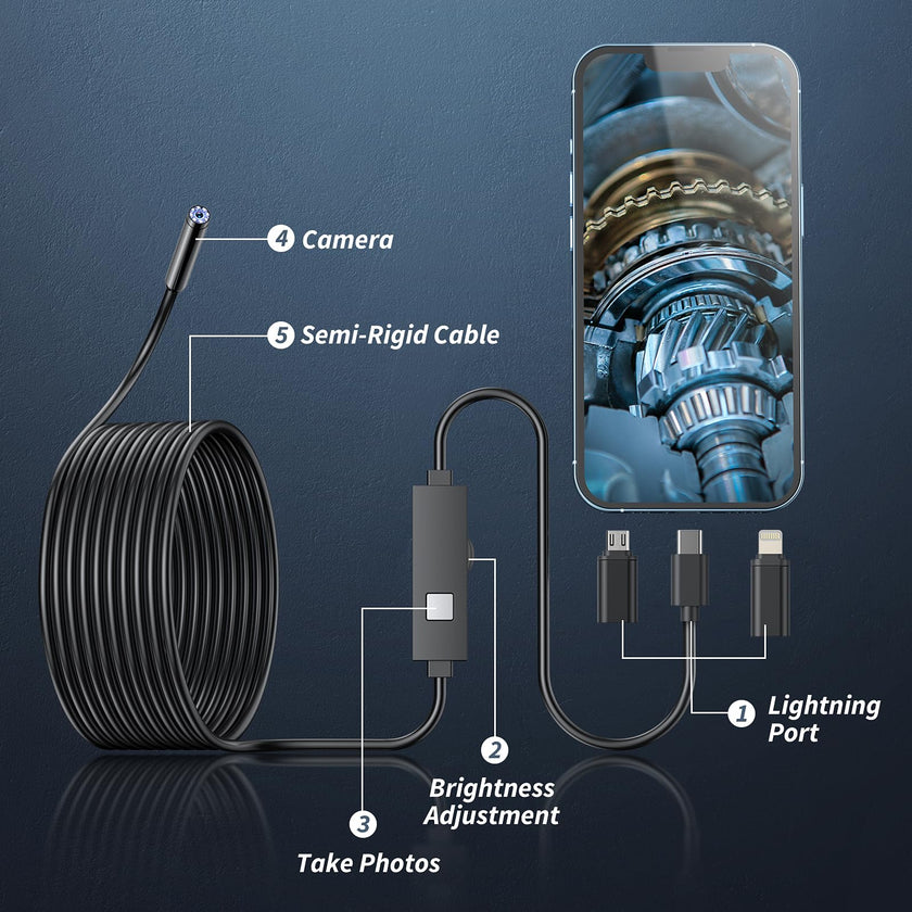 Kinpthy Endoscope Camera with Light,1920P HD Borescope Tools with 8 Adjustable LED Lights, Endoscope with Semi-Rigid Snake Camera, Inspection Borescope for iOS and Android-16.4ft Single Lens 🍁 All In One Marketplace Canada