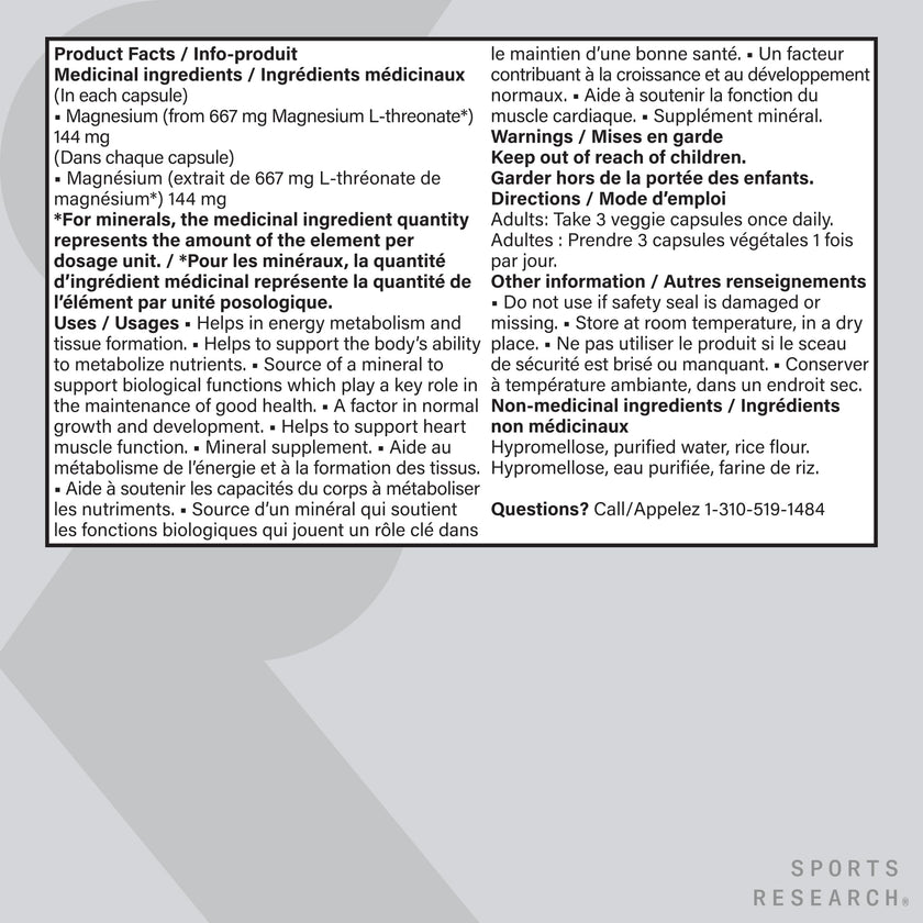 Sports Research® Magtein Magnesium L-Threonate Capsules - Magnesium Supplement for Memory, Focus & Cognition - 144mg Elemental Magnesium per Dose - Supports Sleep & Mood, 90 Capsules for Adults 🍁 All In One Marketplace Canada