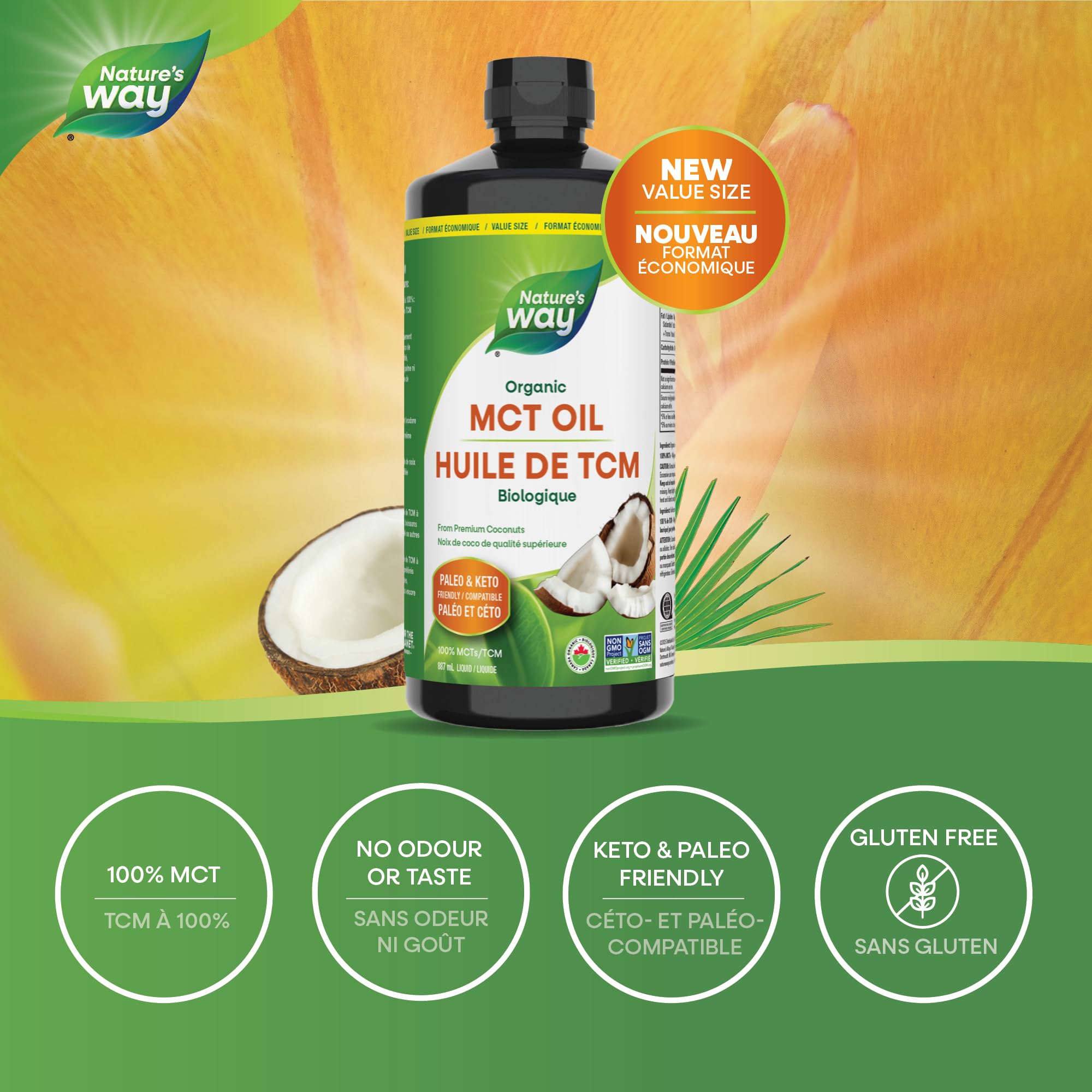 Nature's Way 100% Pure MCT Oil From Coconut – 14g MCT Per Serving – Paleo and Keto friendly – Certified Organic – Non-GMO Project Verified – Vegetarian, Gluten-free, & Flavourless – 887 mL, Value Size 🍁 All In One Marketplace Canada