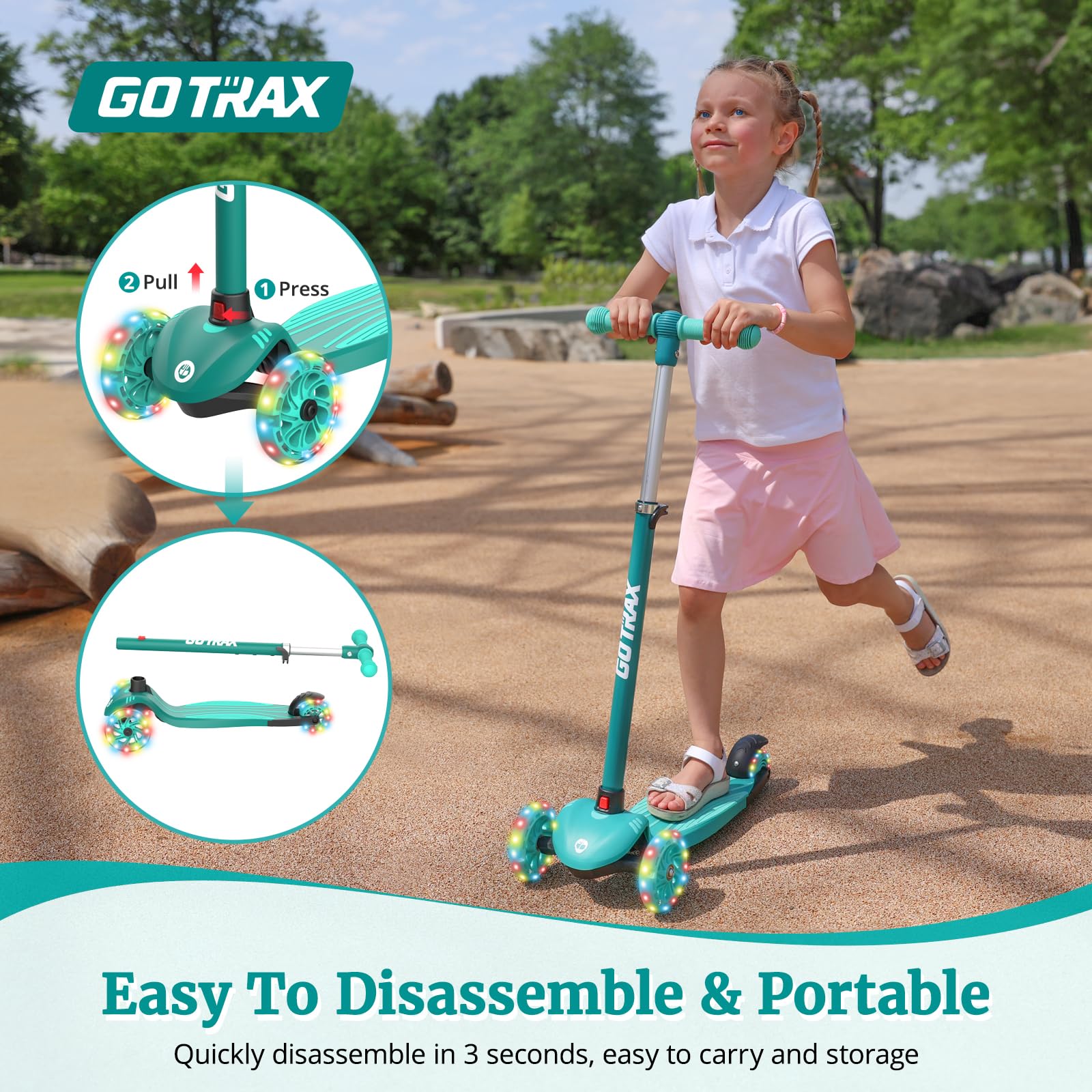 Gotrax KS1 Kids Kick Scooter, LED Lighted Wheels and 3 Adjustable Height Handlebars, Lean-to-Steer & Widen Anti-Slip Deck, 3 Wheel Scooter for Boys & Girls Ages 3+ and up to 100 Lbs (Green) 🍁 All In One Marketplace Canada