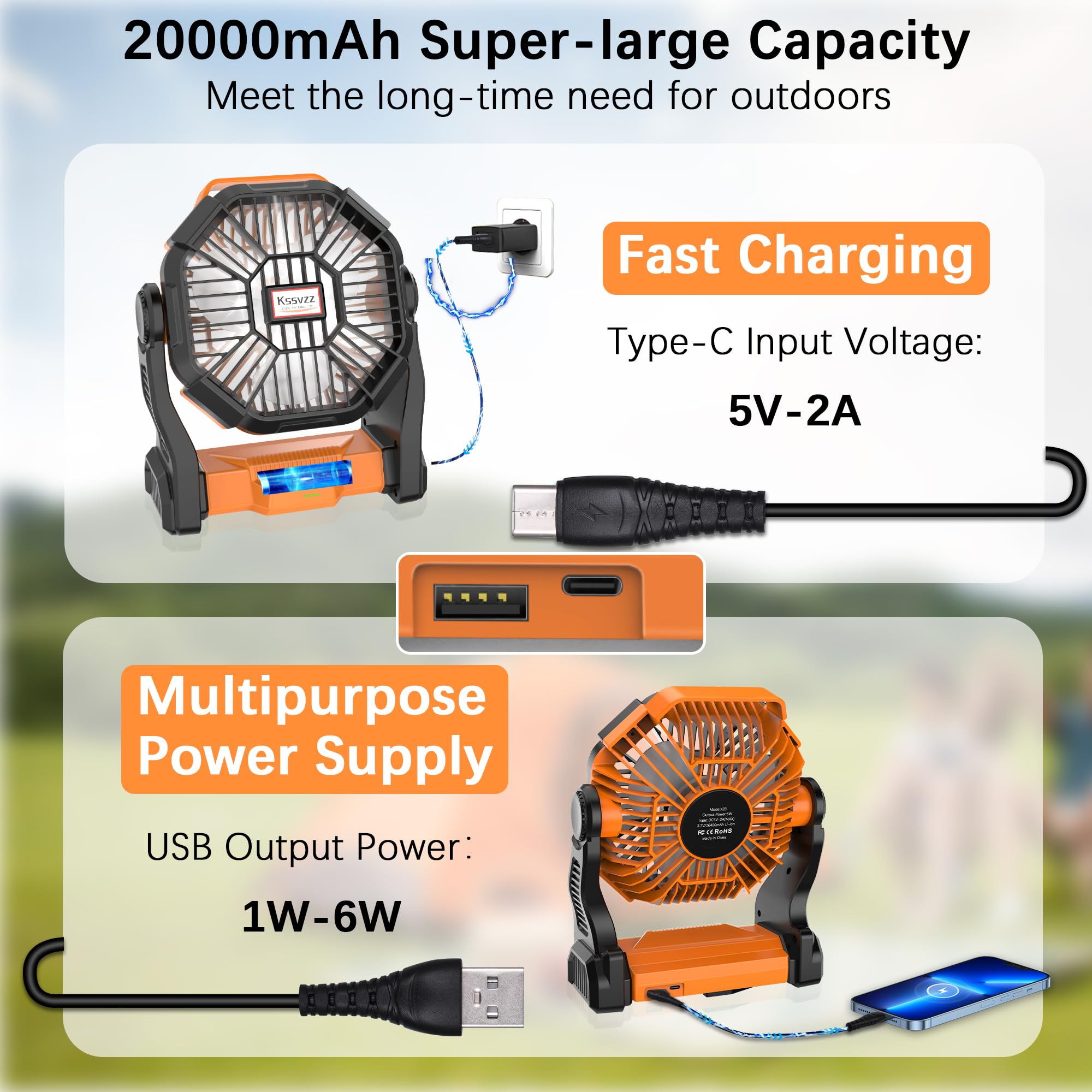 Kssvzz Portable Camping Fan with LED, 20000mAh Rechargeable Battery Powered Fan, 270°Pivot Personal USB Fan, 4 Speed Quiet Table Fan, 9’’ Battery Operated Tent Fan for Travel, Picnic(Orange) 🍁 All In One Marketplace Canada
