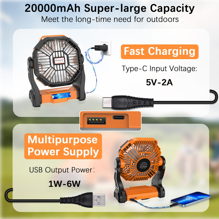 Kssvzz Portable Camping Fan with LED, 20000mAh Rechargeable Battery Powered Fan, 270°Pivot Personal USB Fan, 4 Speed Quiet Table Fan, 9’’ Battery Operated Tent Fan for Travel, Picnic(Orange) 🍁 All In One Marketplace Canada