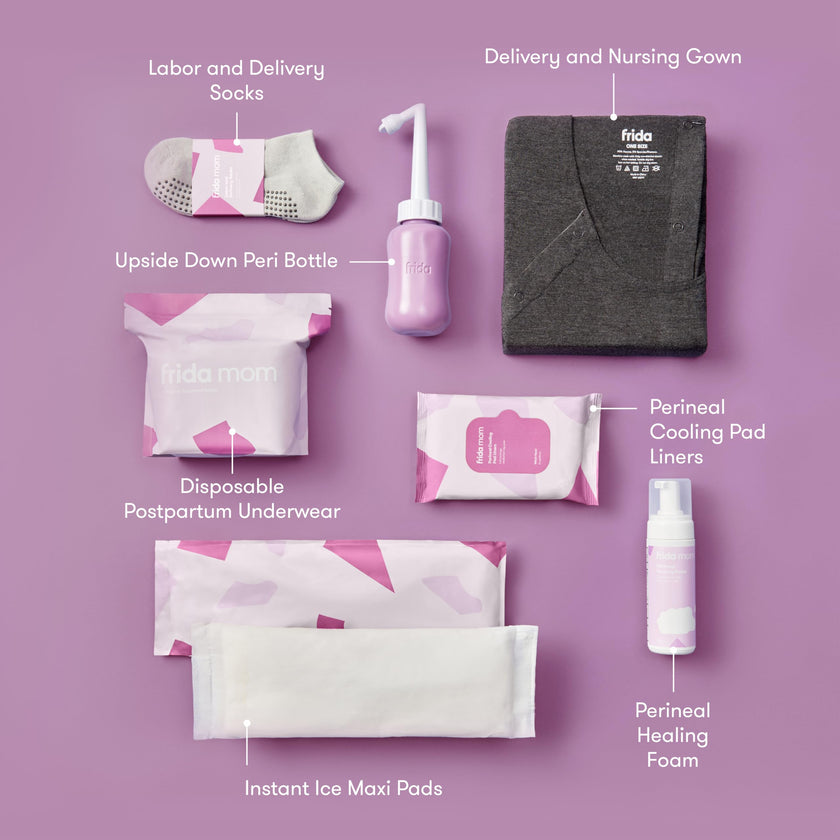 Frida Mom 15pc Labor, Delivery, & Postpartum Kit Gift Set for Baby Showers & Mom to Be, Includes Peri Bottle, Nursing Gown, Disposable Underwear, Ice Maxi Pads, Pad Liners, Perineal Foam, Socks & Toiletry Bag 🍁 All In One Marketplace Canada