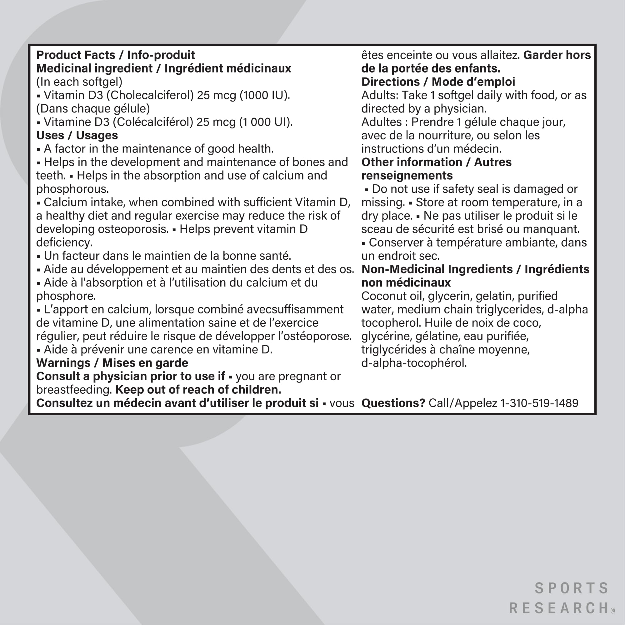 Sports Research® Vitamin D3 1,000 IU with Coconut Oil - Vitamin D for Strong Bones, Teeth, and Maintenance of Good Health - Non-GMO, Gluten & Soy Free - 360 Liquid Softgels 🍁 All In One Marketplace Canada