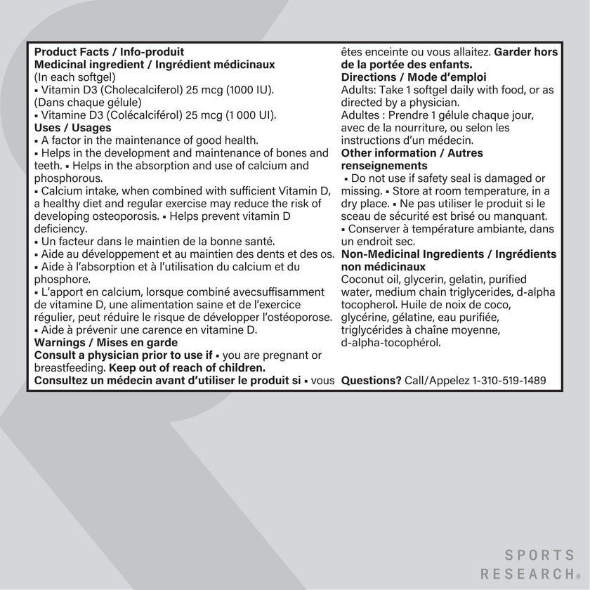 Sports Research® Vitamin D3 1,000 IU with Coconut Oil - Vitamin D for Strong Bones, Teeth, and Maintenance of Good Health - Non-GMO, Gluten & Soy Free - 360 Liquid Softgels 🍁 All In One Marketplace Canada
