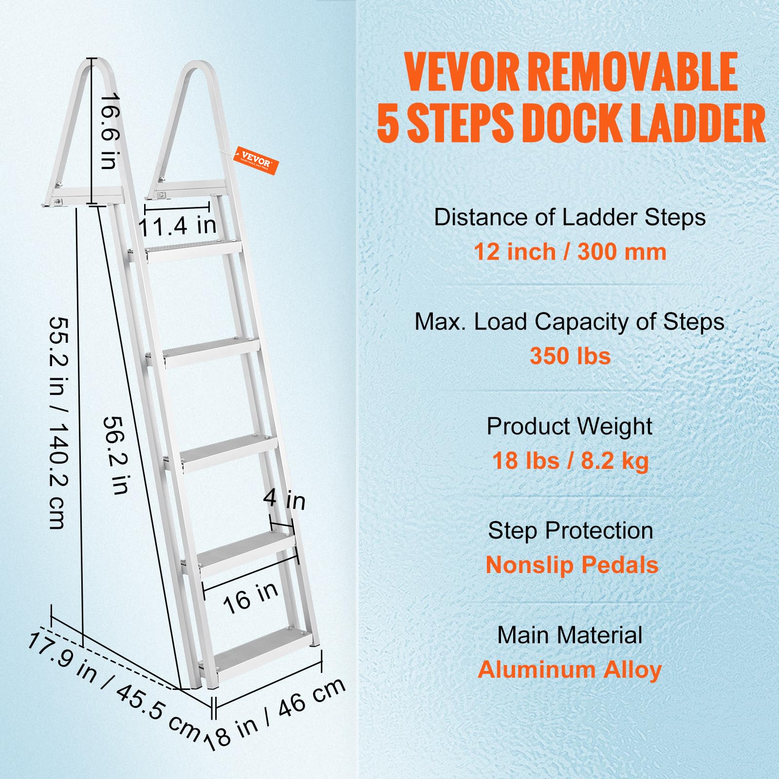 VEVOR Dock Ladder, Removable 5 Steps, 350 lbs Load Capacity, Aluminum Alloy Pontoon Boat Ladder with 4'' Wide Step & Nonslip Mat, Easy to Install for Ship/Lake/Pool/Marine Boarding 🍁 All In One Marketplace Canada
