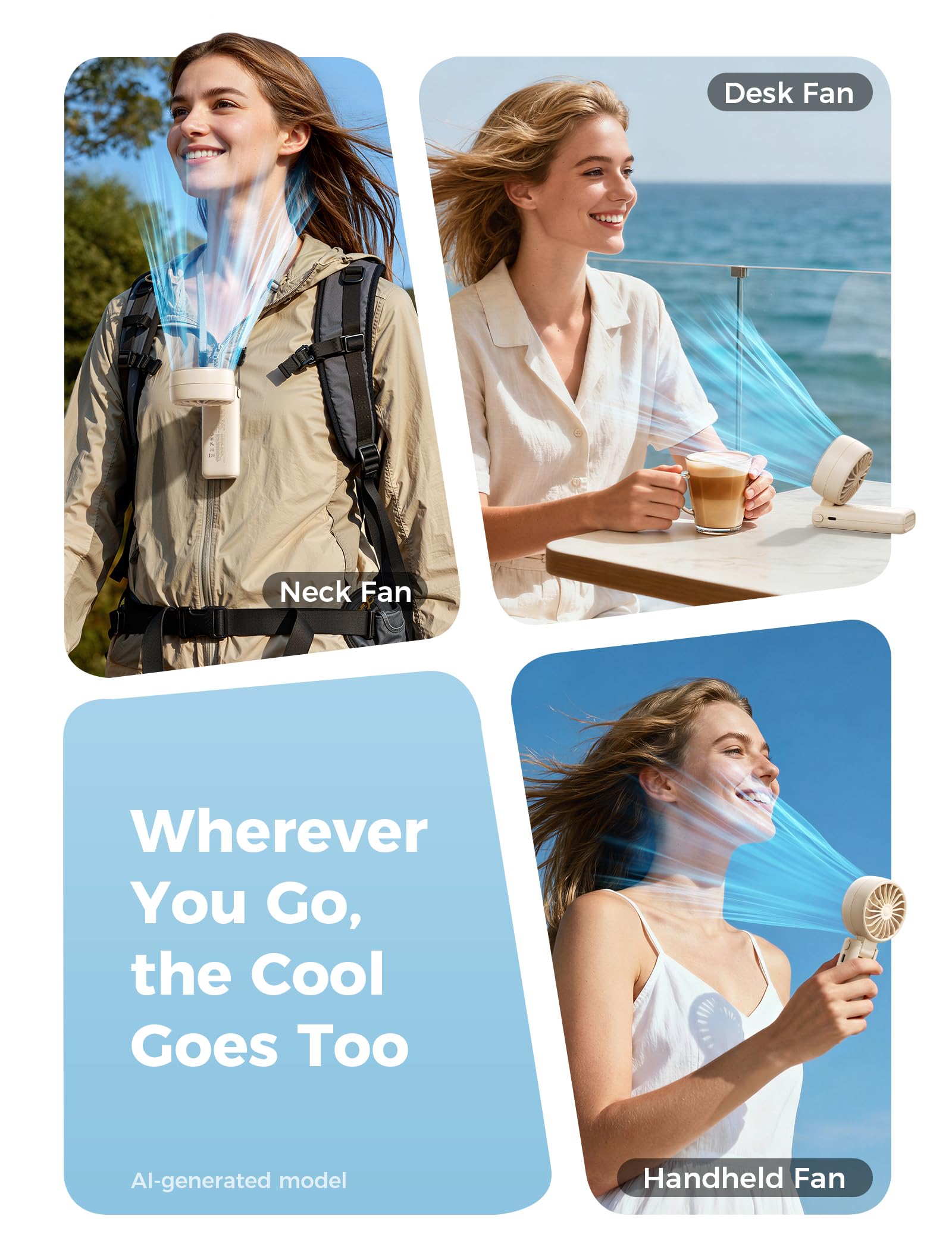 Aecooly Mighty Portable Hand Fan, 3 IN 1 USB Rechargeable Handheld Fan, [20H Max Cooling Time], 5-Speed Wind, LED Display, Mini Foldable Personal for Travle, Summer, Gifts for Women-Beige 🍁 All In One Marketplace Canada
